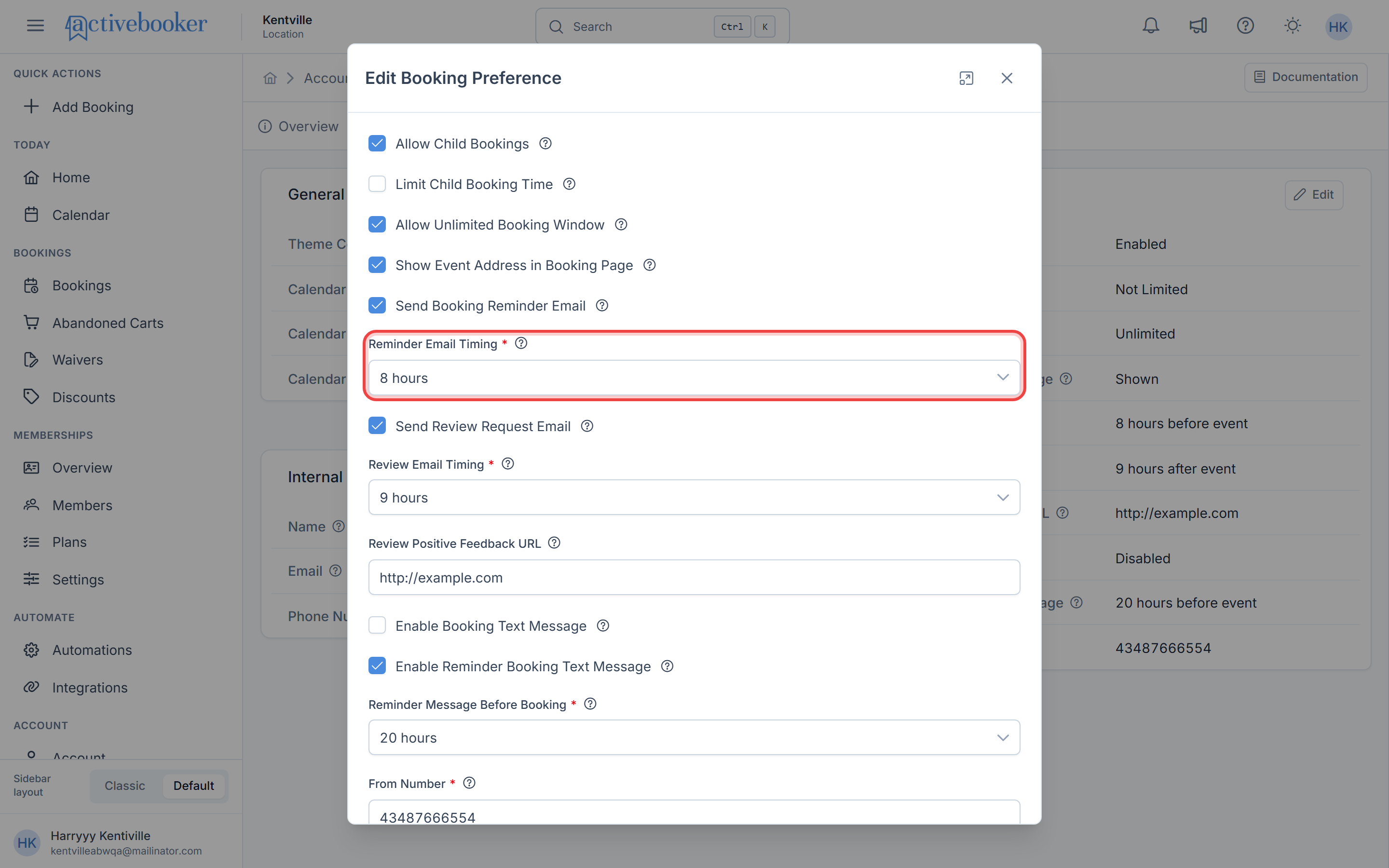 Edit modal showing Reminder Email Timing and Review Email Timing dropdowns