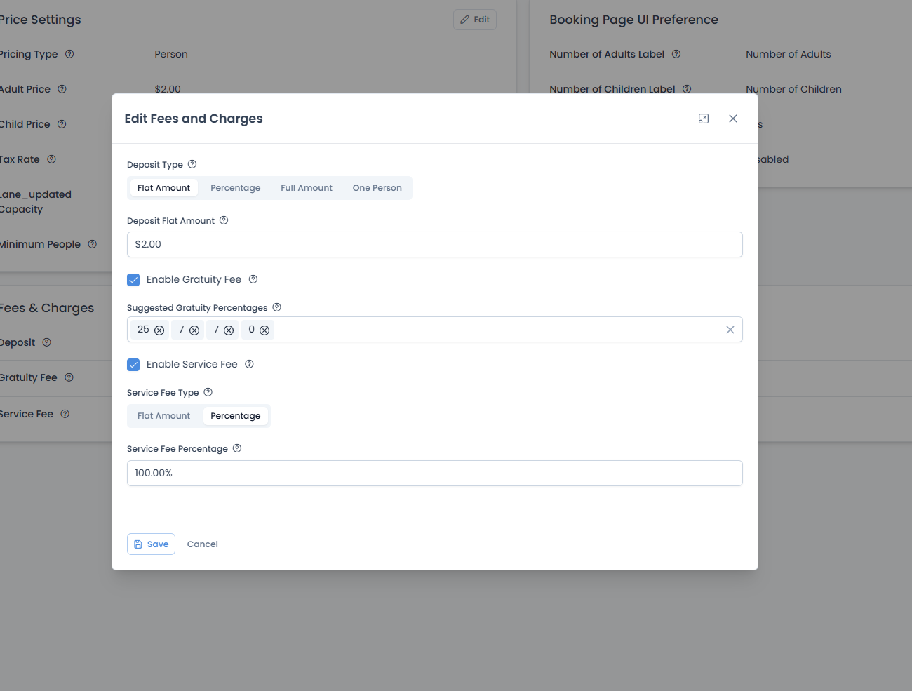 Edit Fees and Charges modal showing deposit options