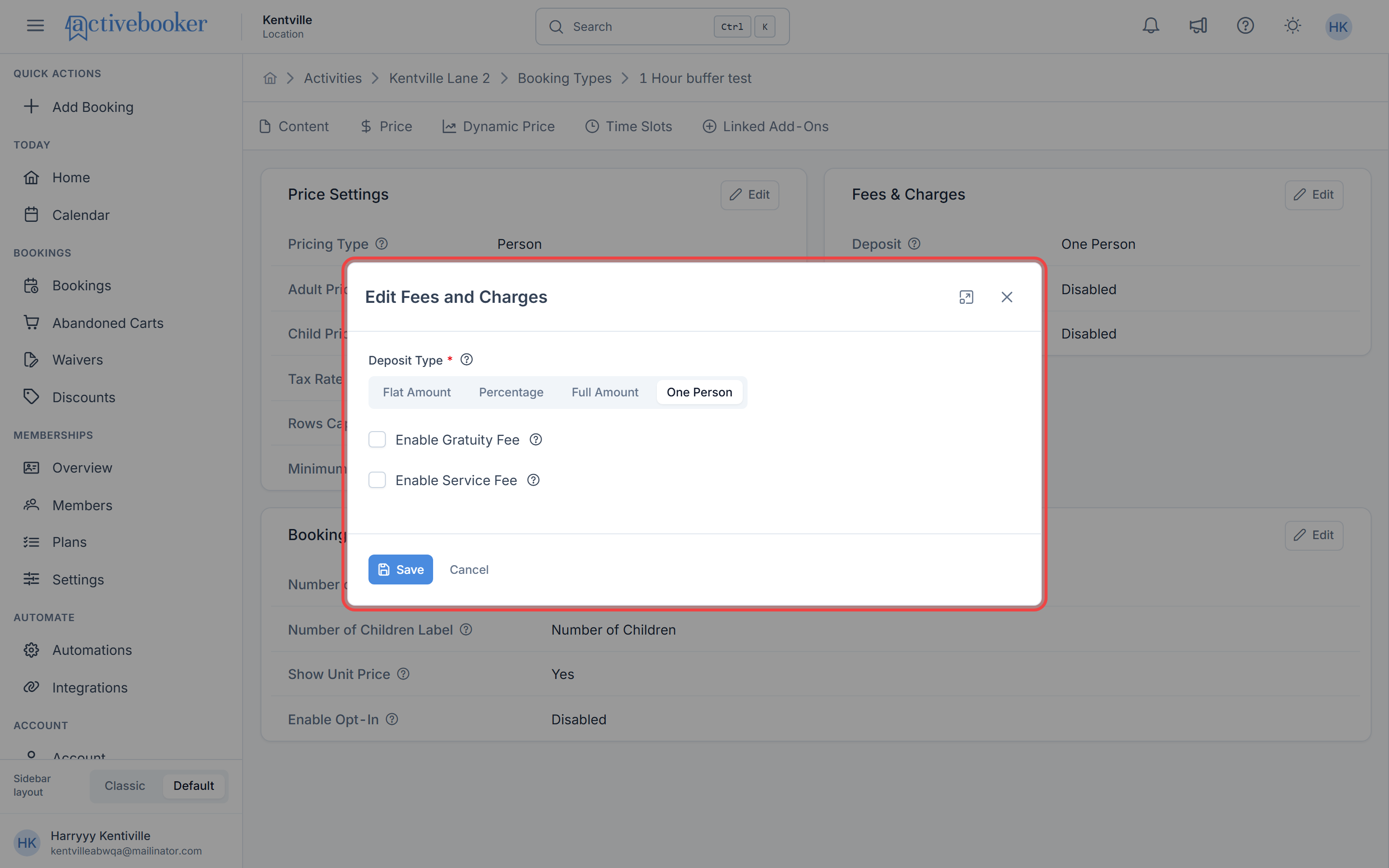 Edit Fees and Charges modal showing deposit options