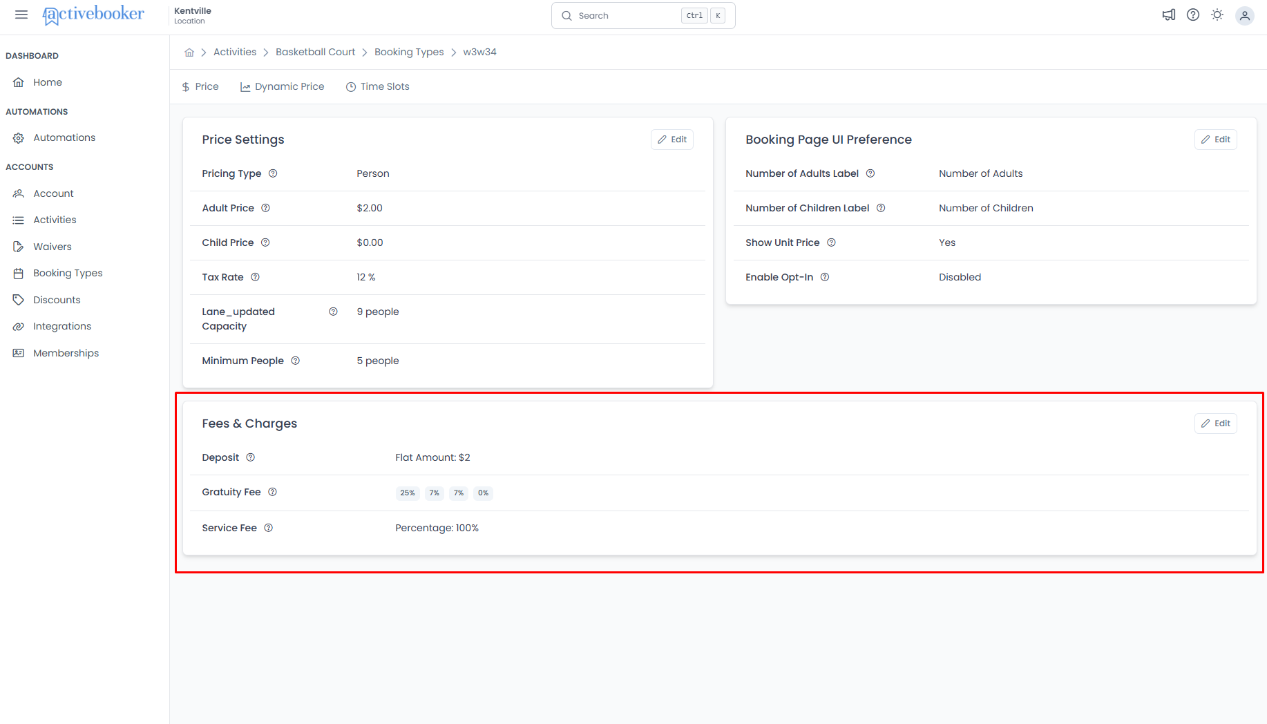 Fees and Charges section showing configured fees
