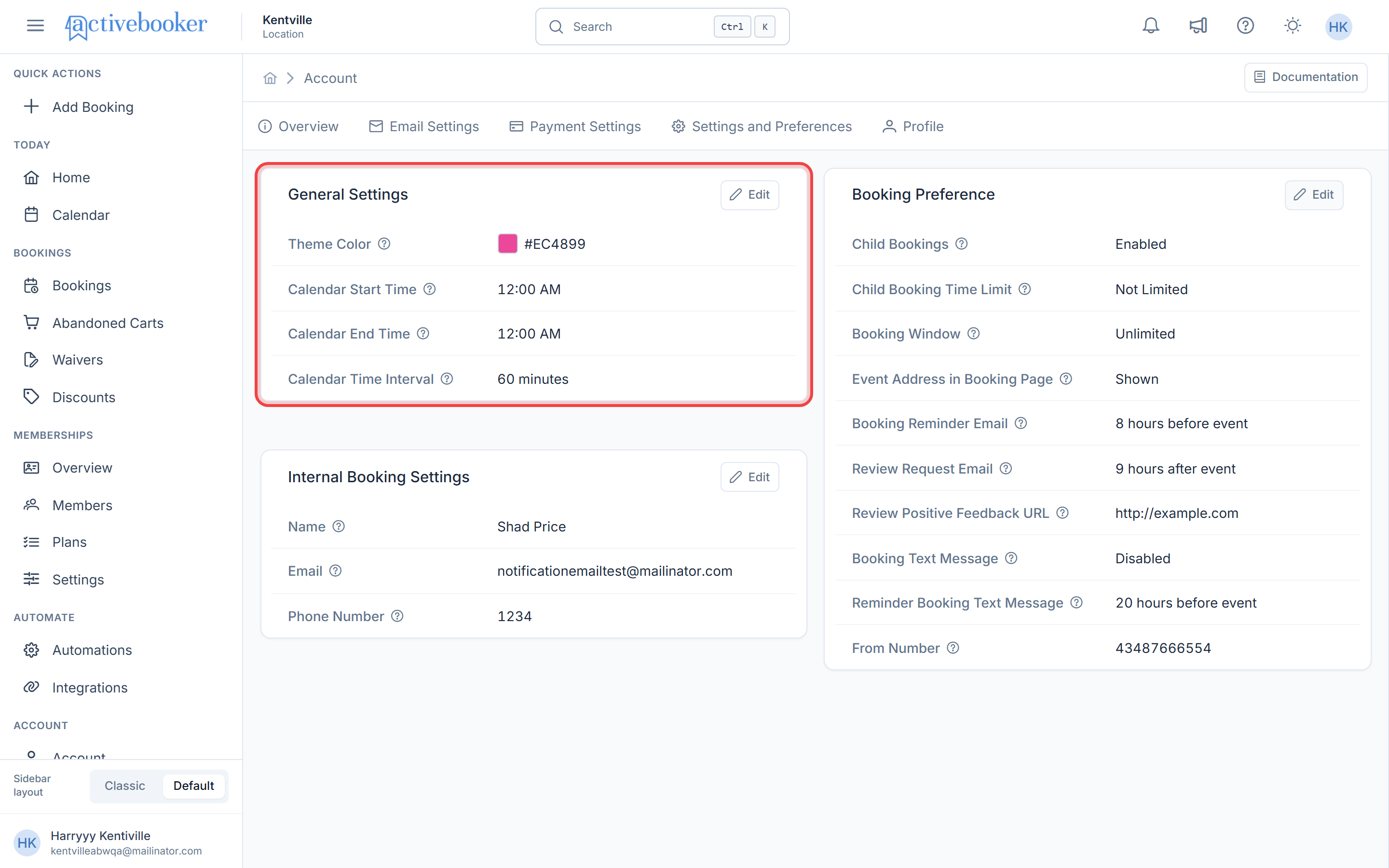 General Settings view showing theme color, calendar start time, and calendar time interval