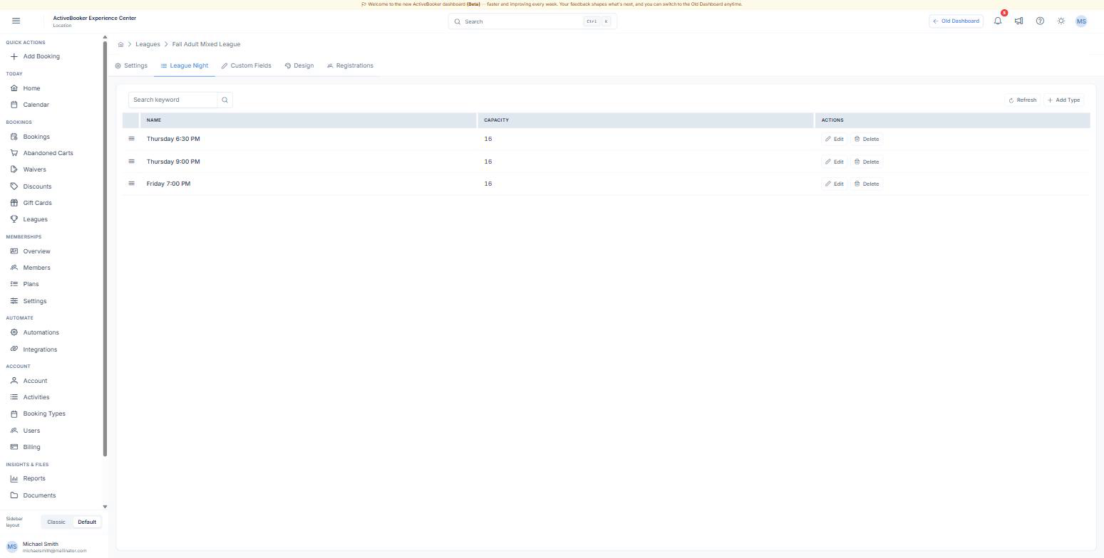 The League Night tab listing three options with their capacities