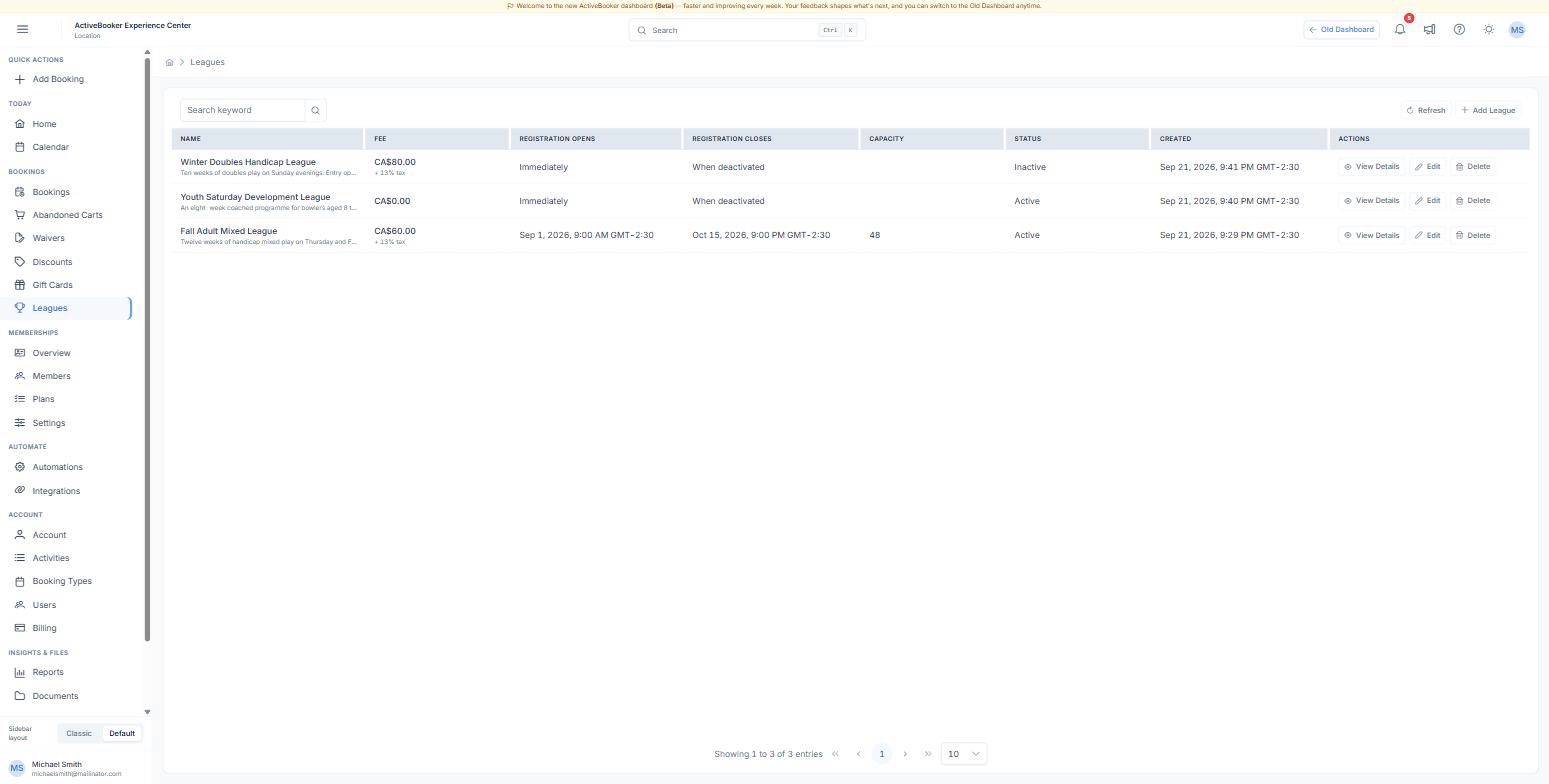 The Leagues list showing three leagues with their fee, registration window, capacity, and status