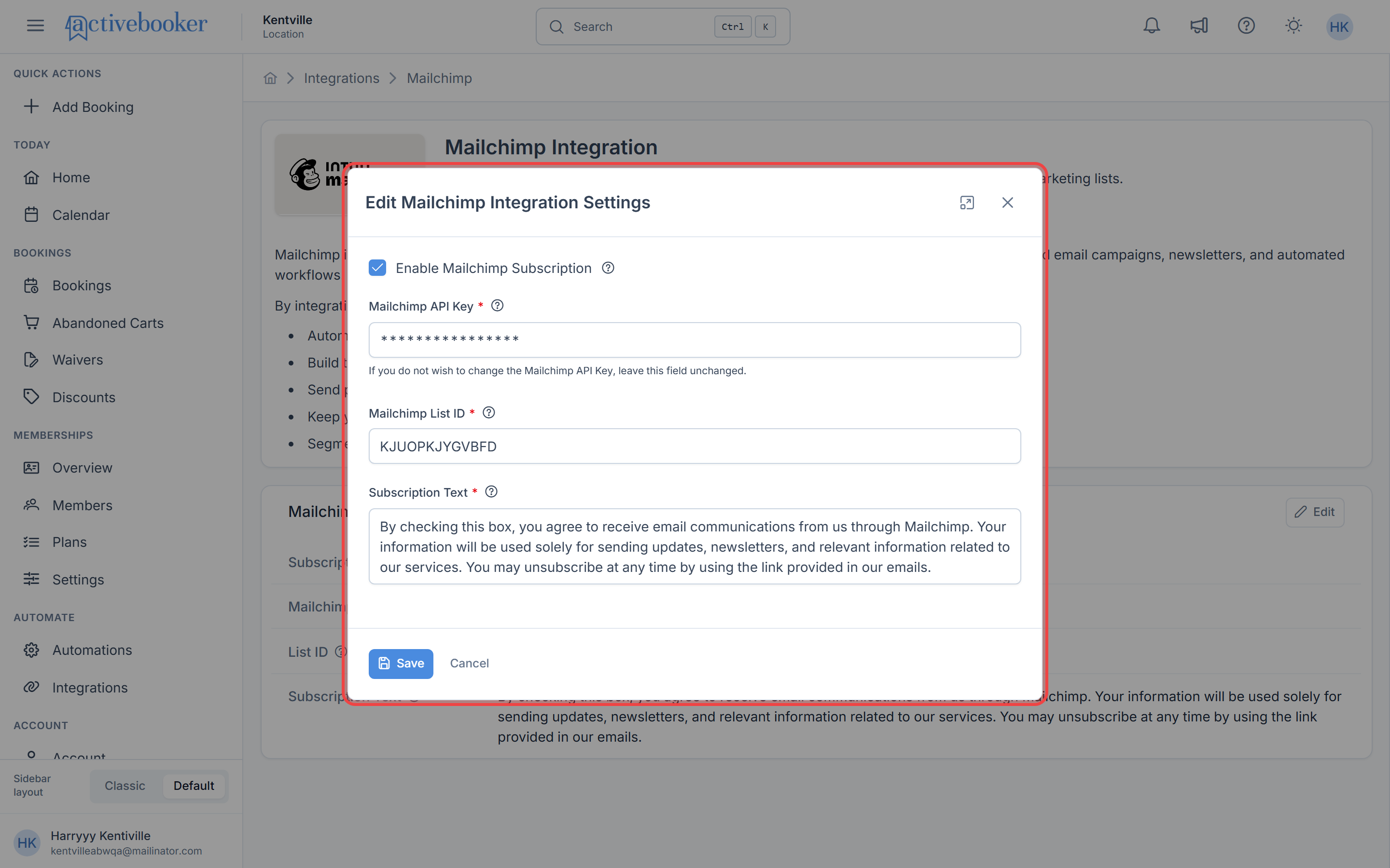 Edit Mailchimp Integration Settings modal with API key, server prefix, and list ID fields