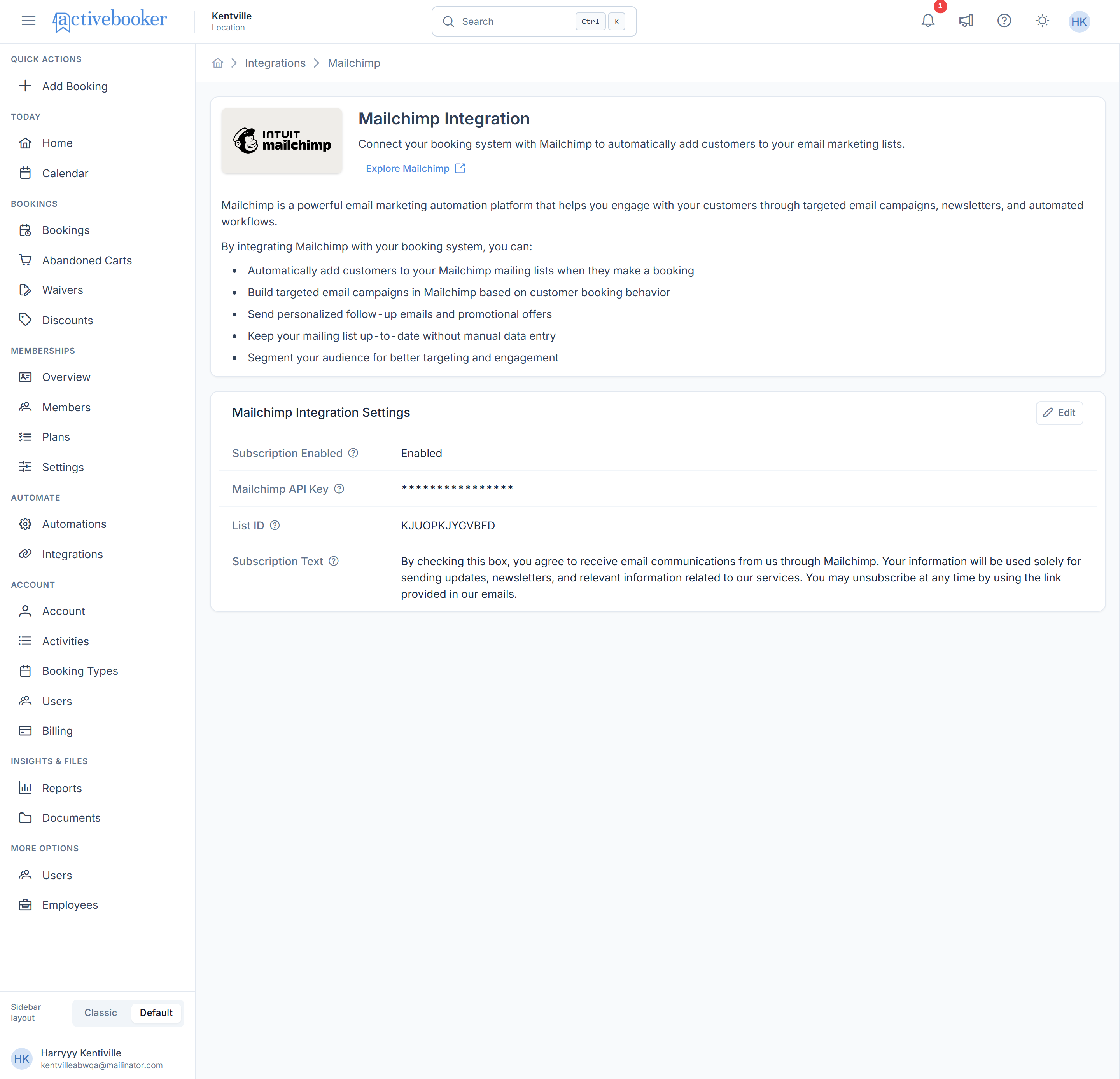 Mailchimp integration page with the overview and settings cards