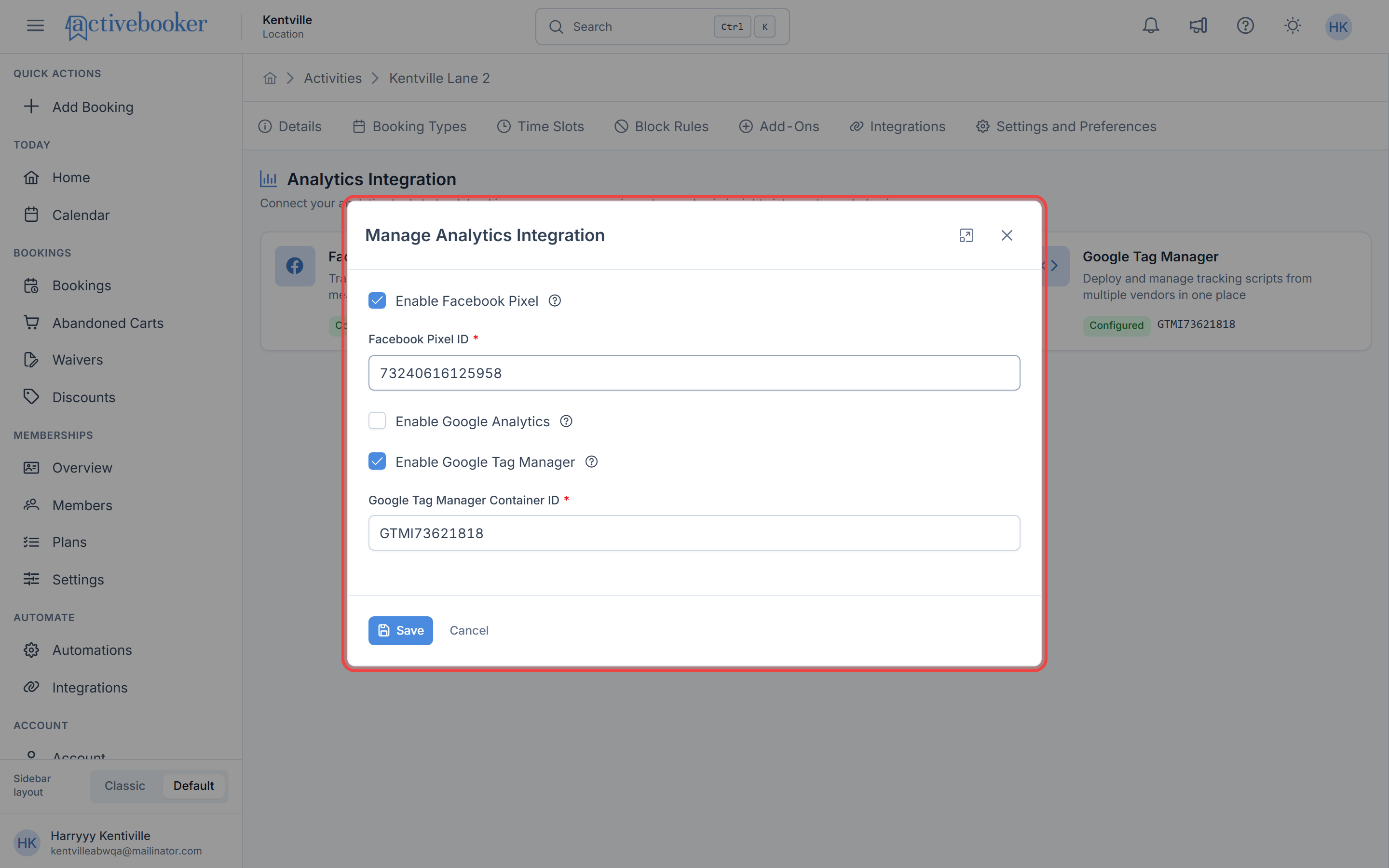 Manage Analytics Integrations modal with fields for each tracking ID