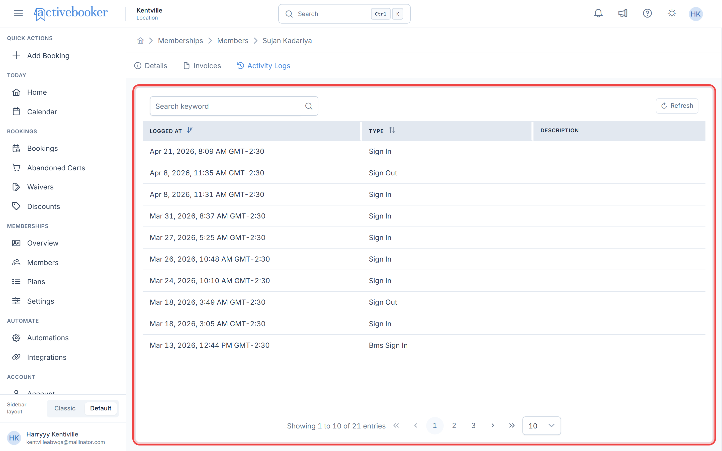 Member activity log showing historical actions