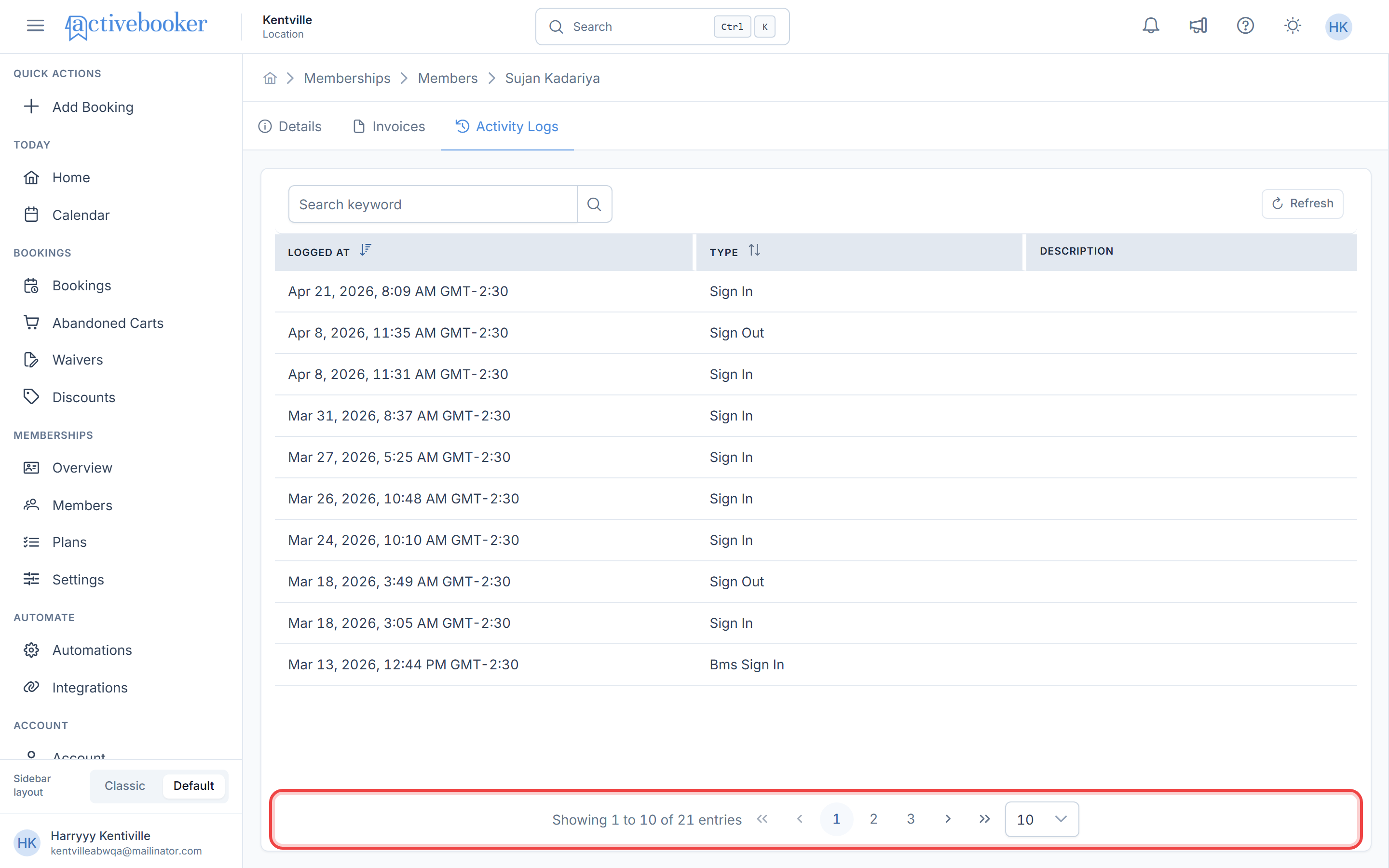 Pagination controls at the bottom of the activity logs table
