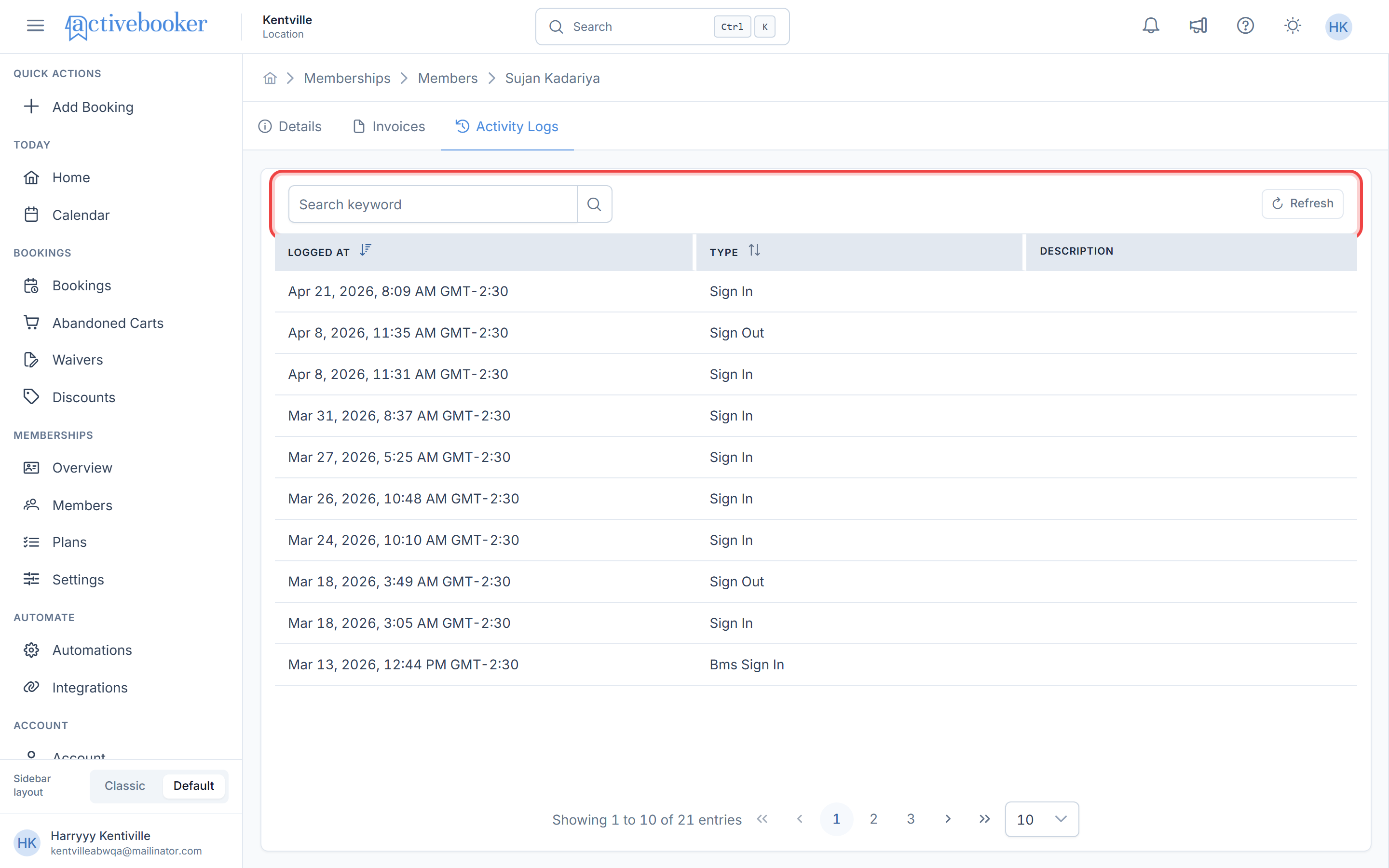 Search keyword field and Refresh button above the activity logs table