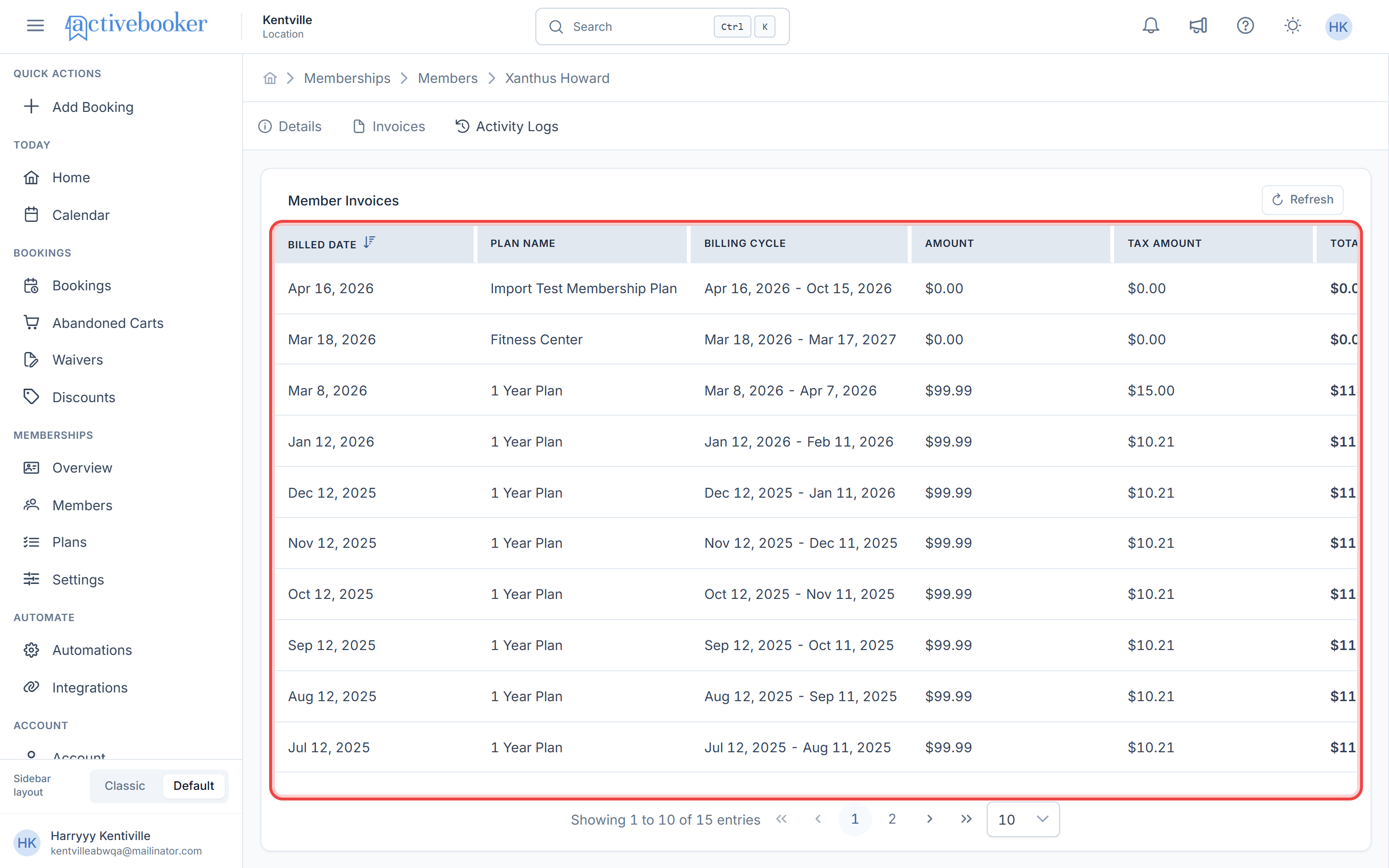 Member Invoices table showing Billed Date, Plan Name, Billing Cycle, Amount, Tax Amount, and Total Amount columns