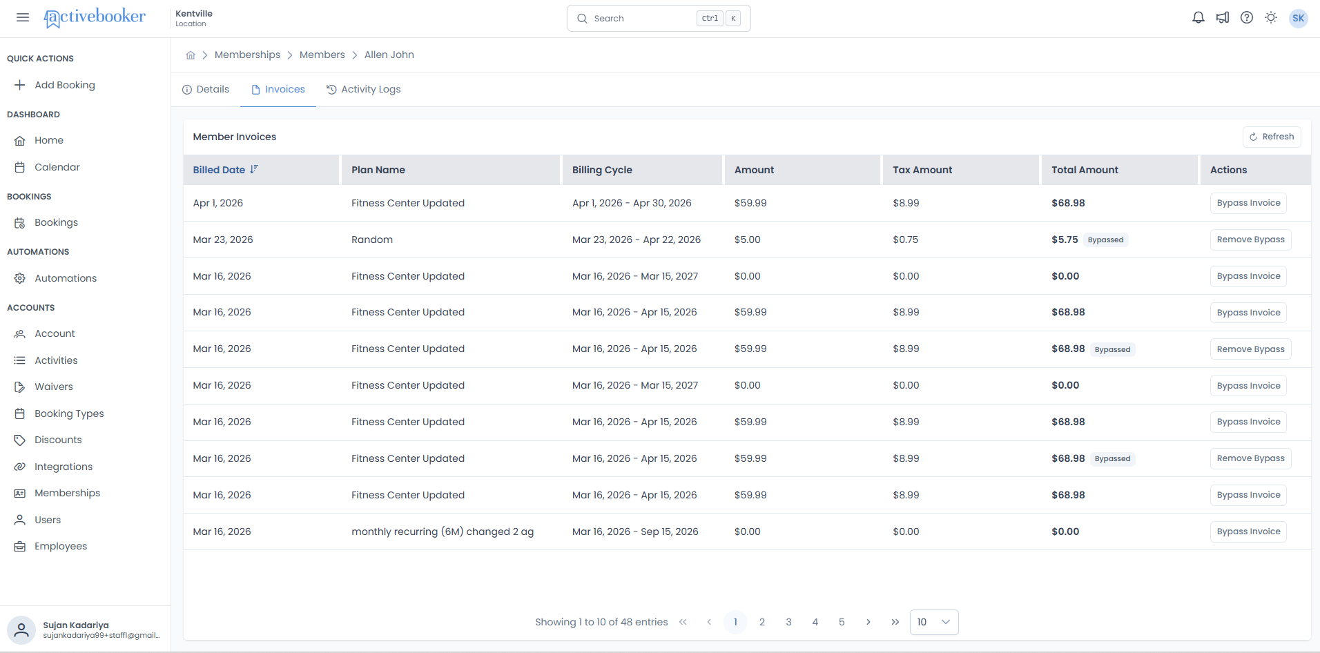 Member Invoices table showing Billed Date, Plan Name, Billing Cycle, Amount, Tax Amount, and Total Amount columns