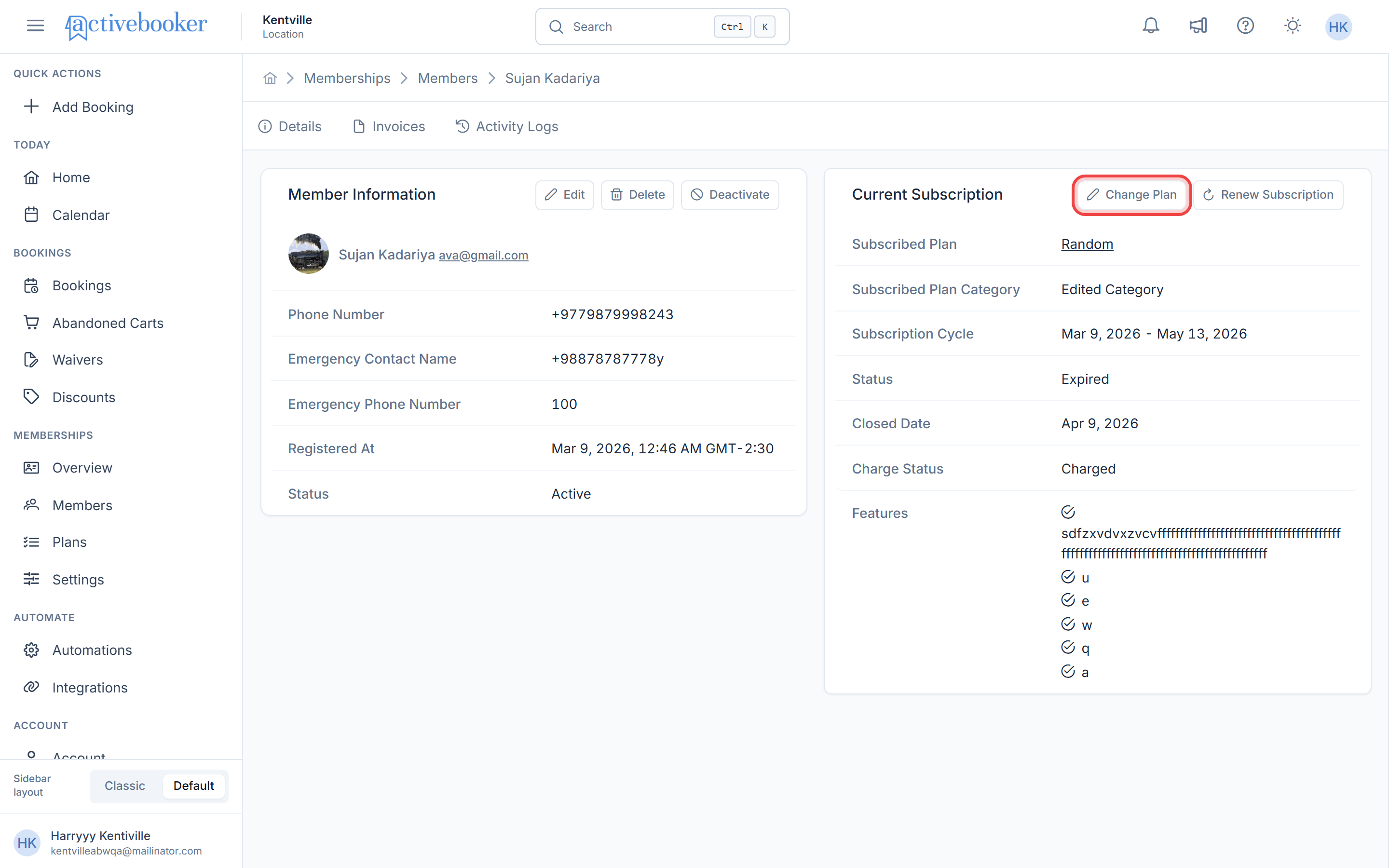 Change Plan and Cancel Subscription buttons in the Current Subscription section