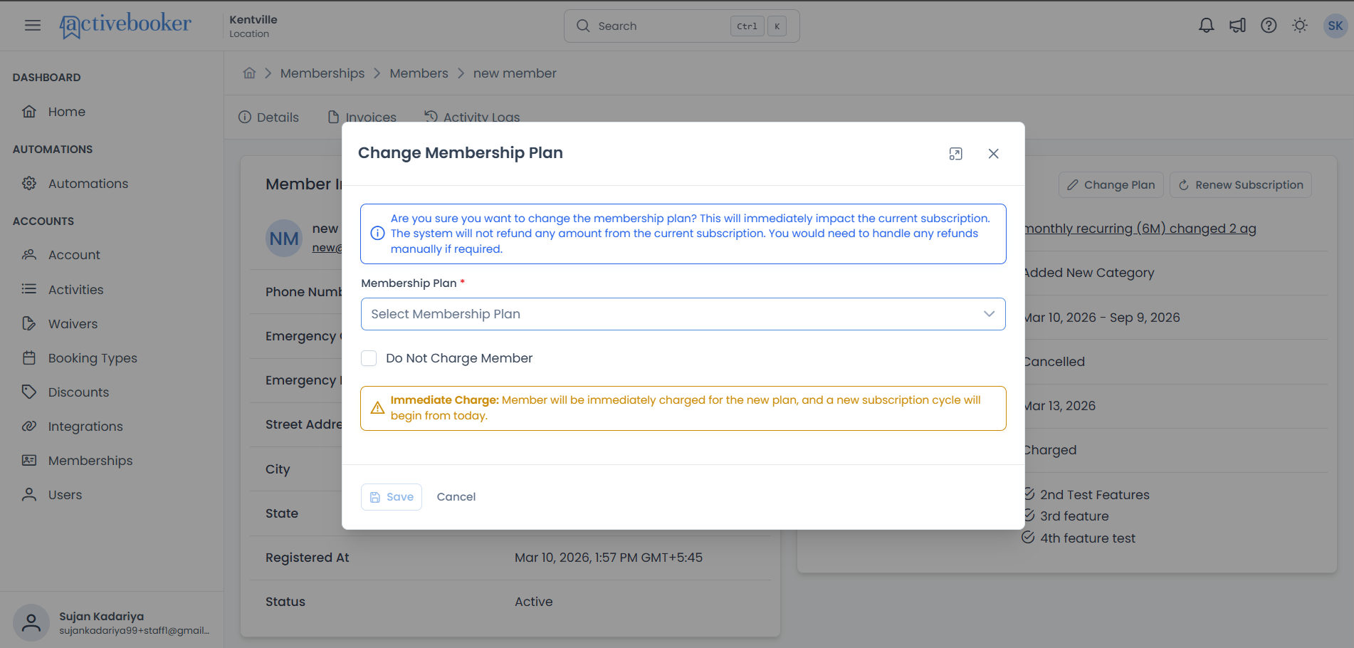 Change Plan dialog with plan selector and No Charge option