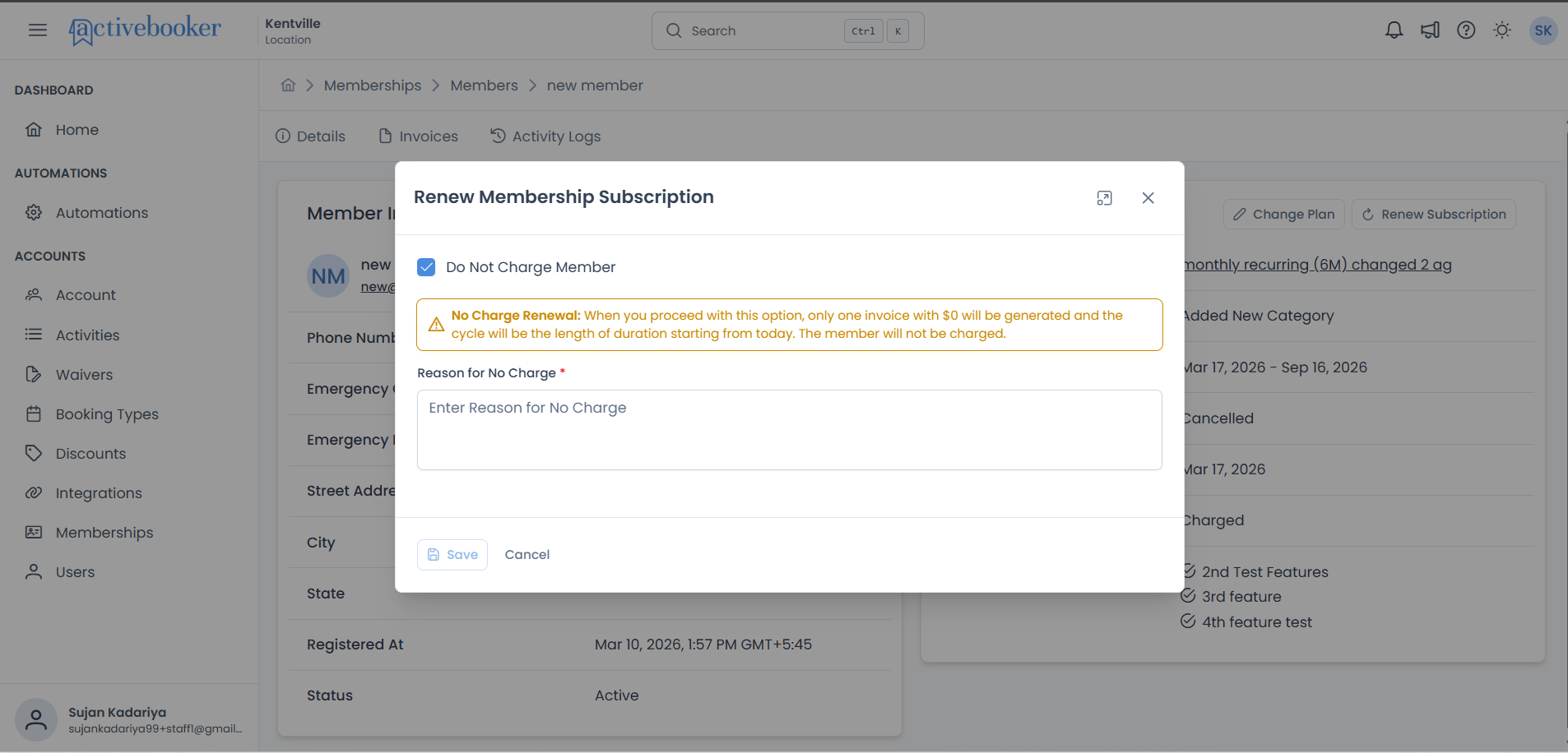 Renew Subscription dialog with No Charge option