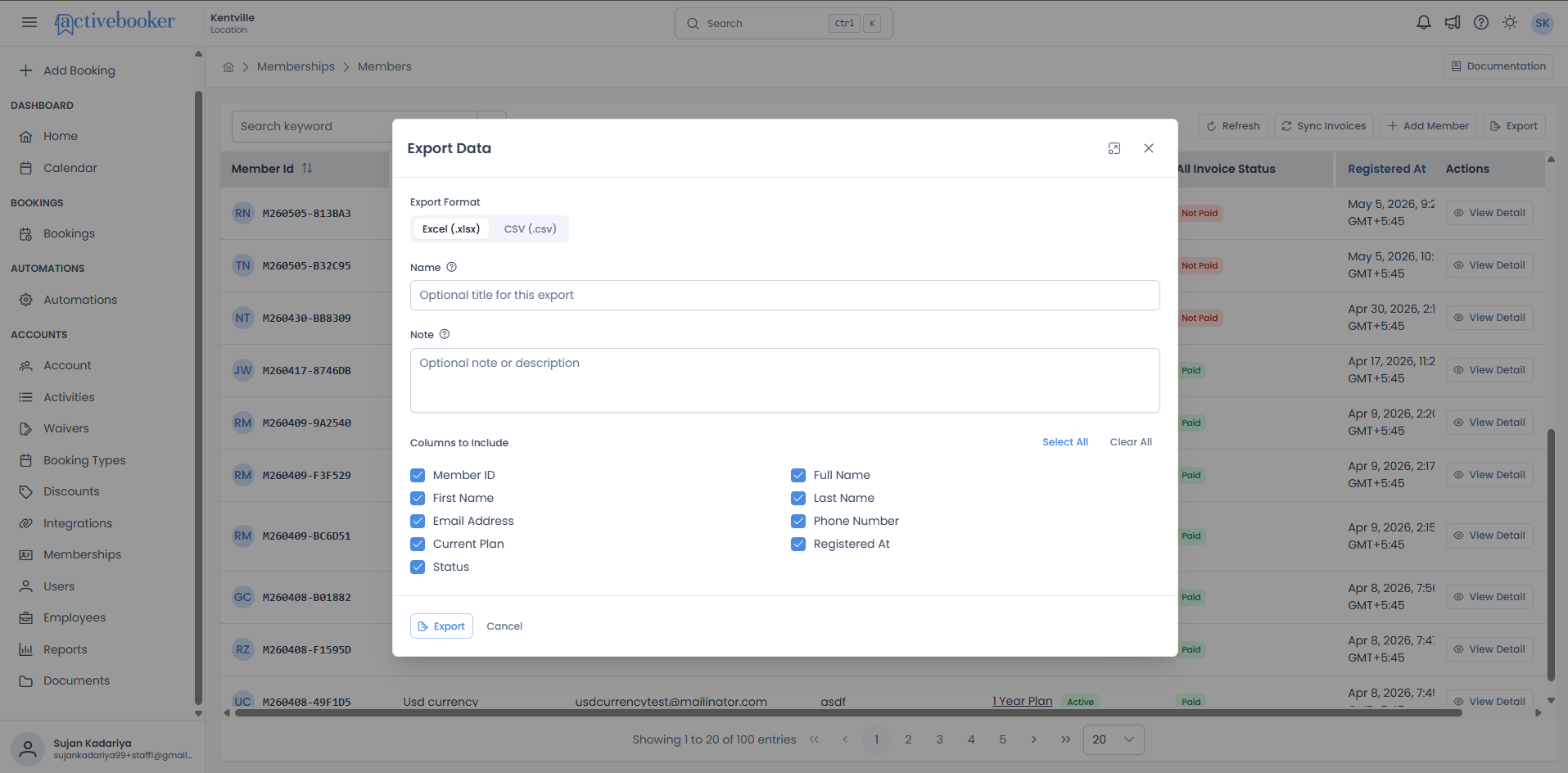 Export Data modal for Members showing format selection and column options