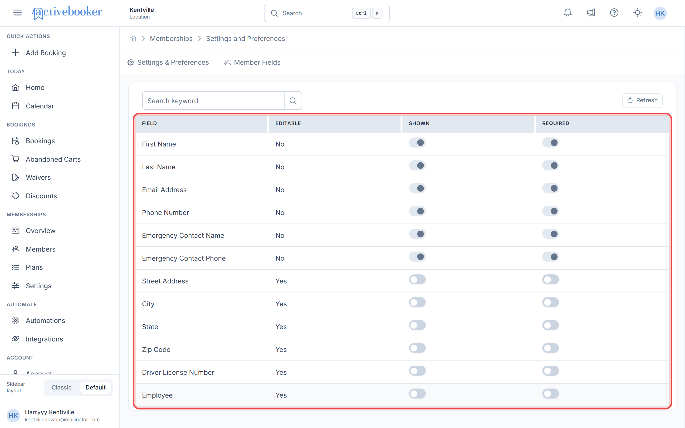 Member Fields table with columns: Field, Editable, Shown, Required
