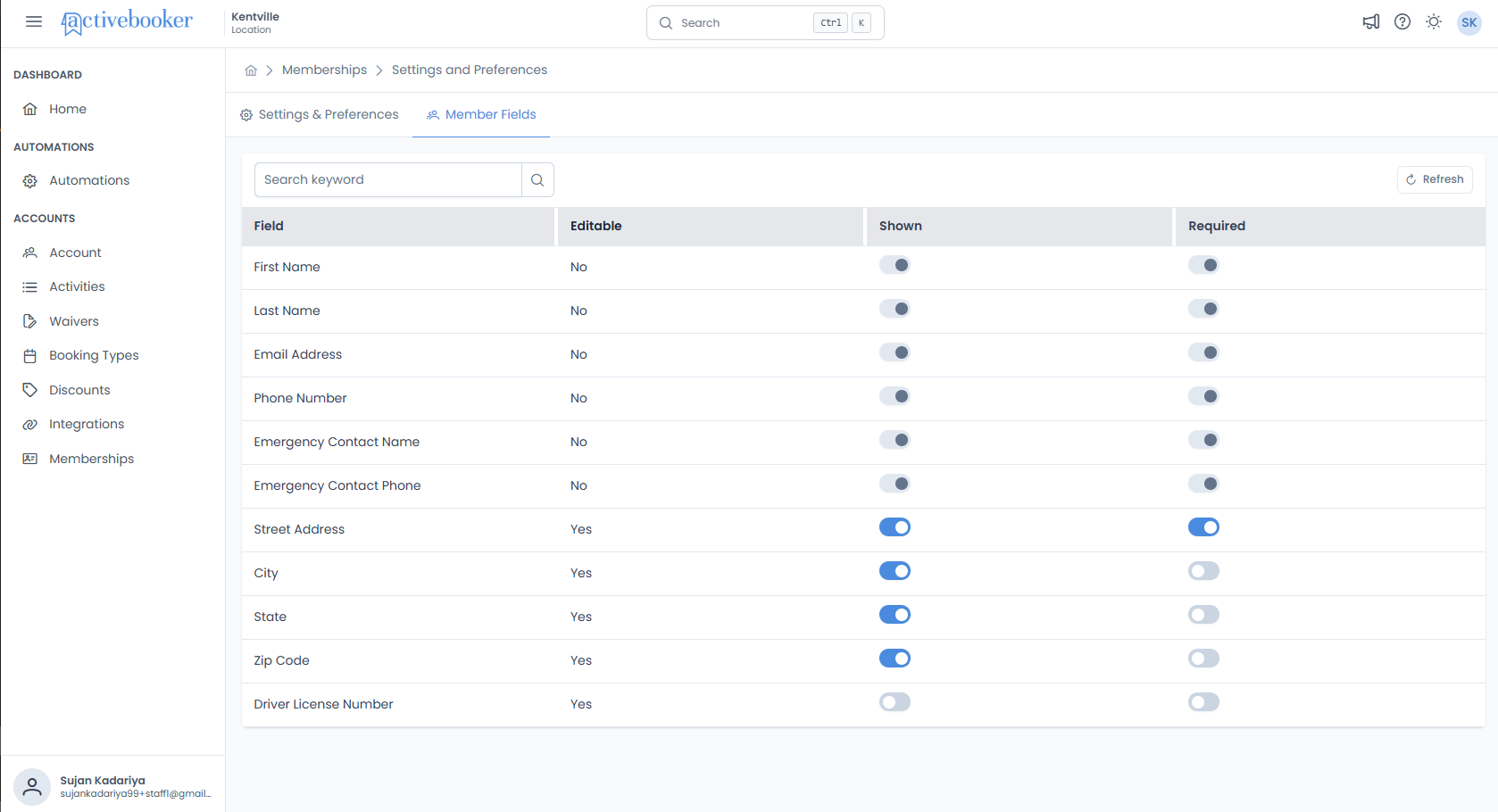 Member Fields table with columns: Field, Editable, Shown, Required