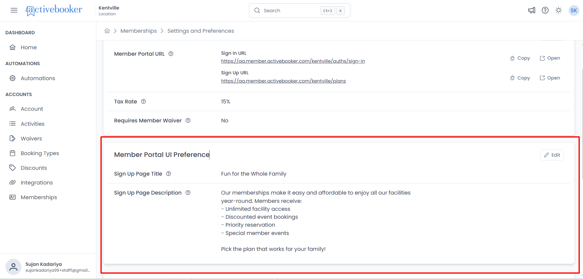 Member Portal UI Preference section showing Sign Up Page Title and Sign Up Page Description
