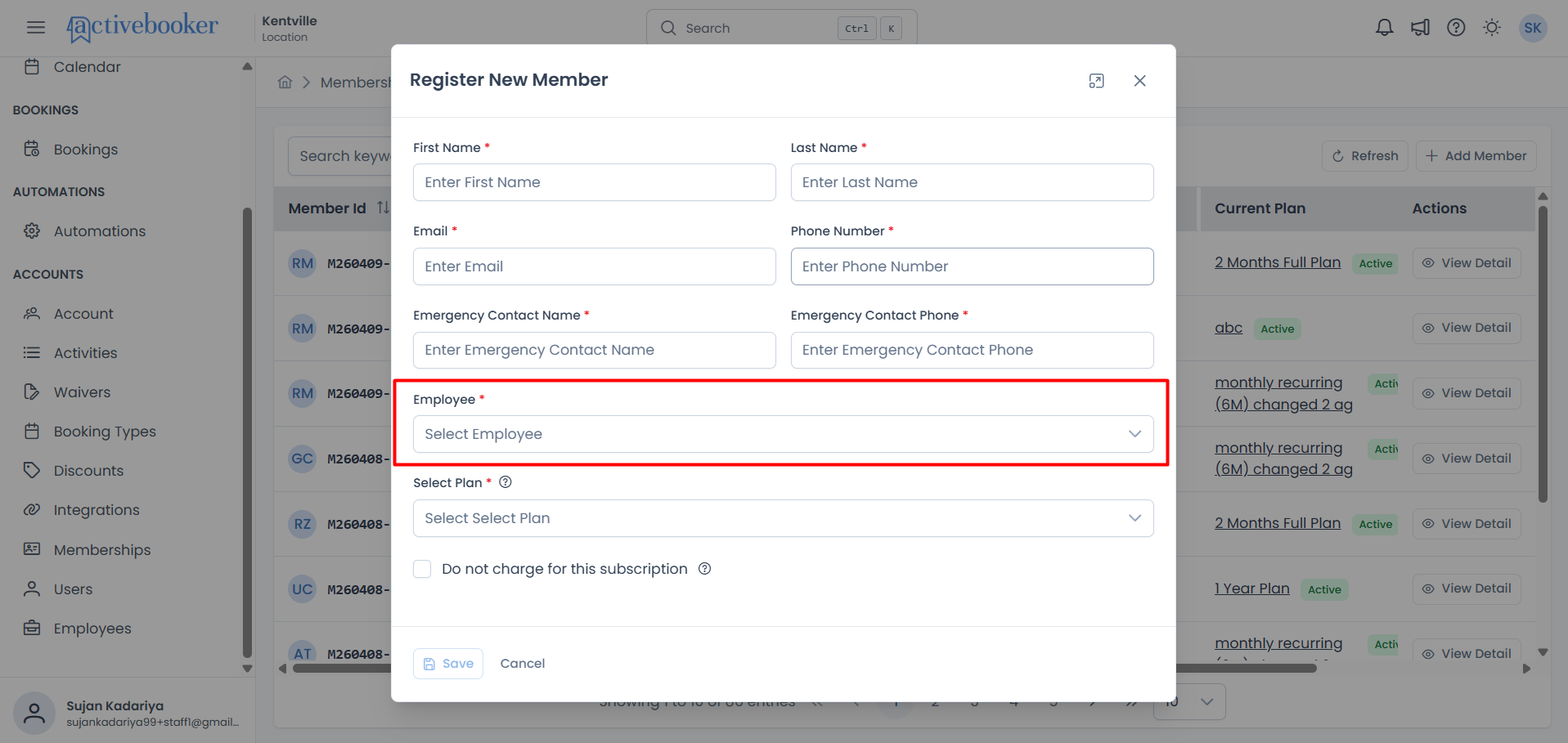 Register New Member with Employee field