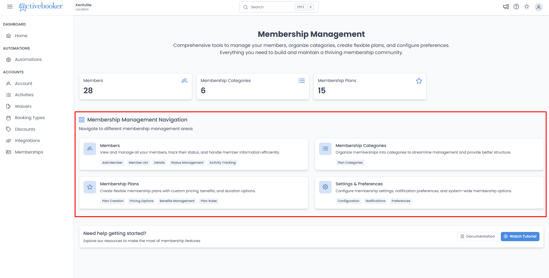 Navigation cards for Members, Categories, Plans, and Settings