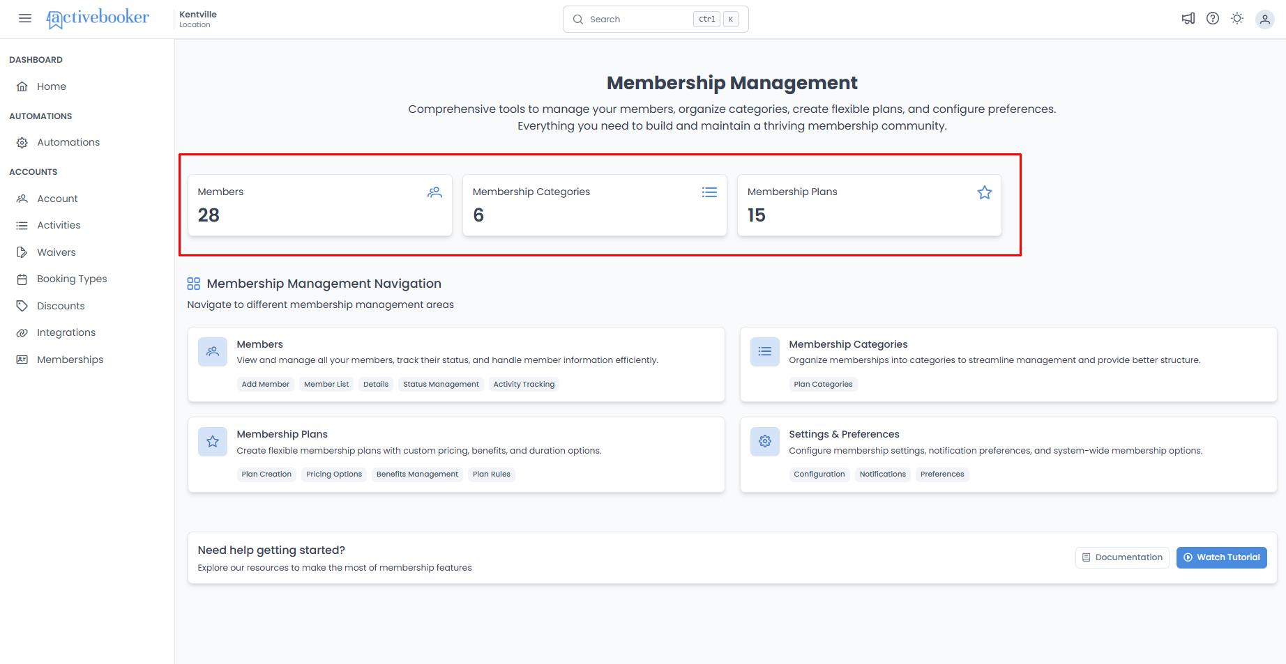 Quick statistics cards showing member, category, and plan counts