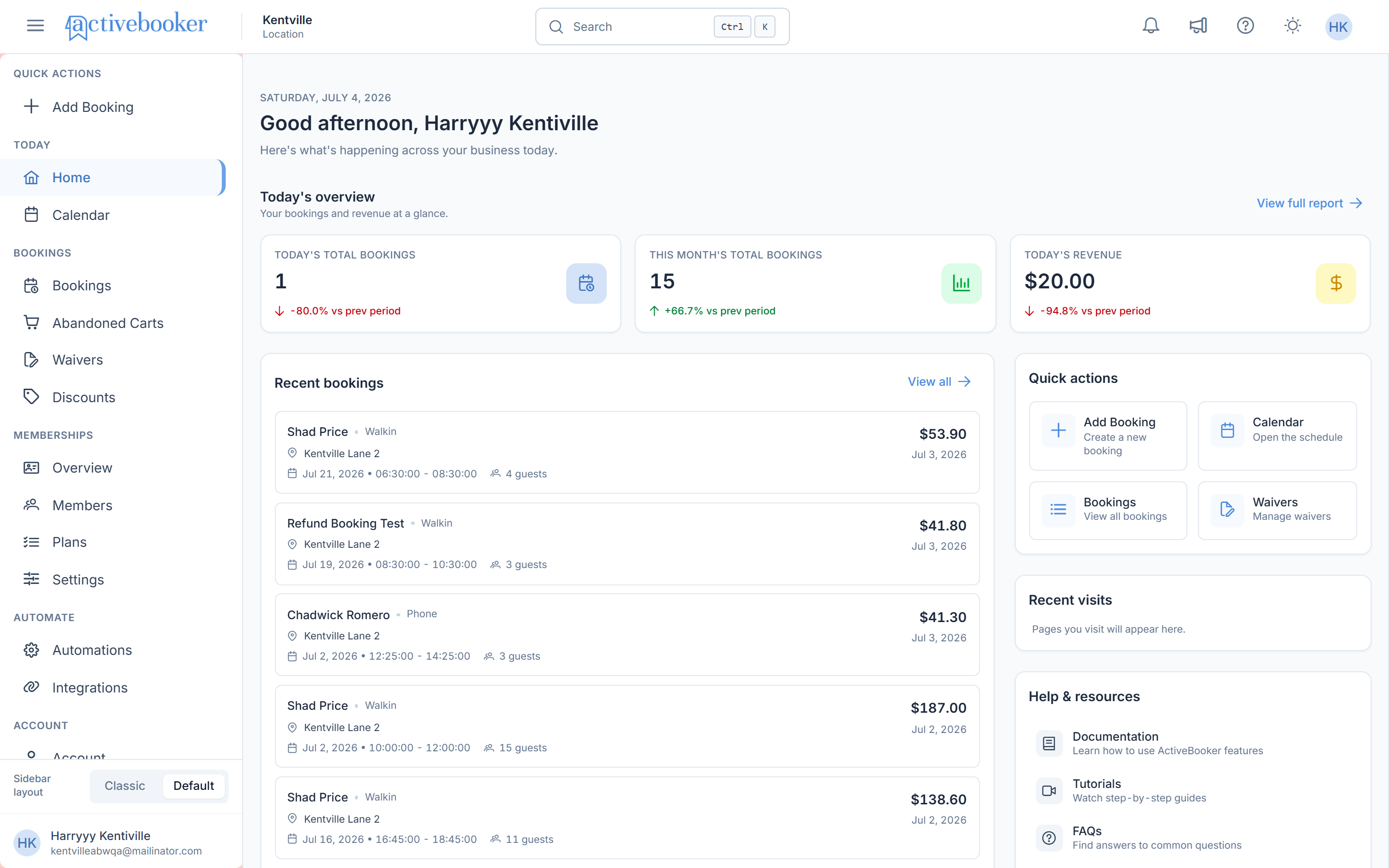 Left sidebar showing the Quick Actions, Today, Bookings, Memberships, Automate, and Account groups