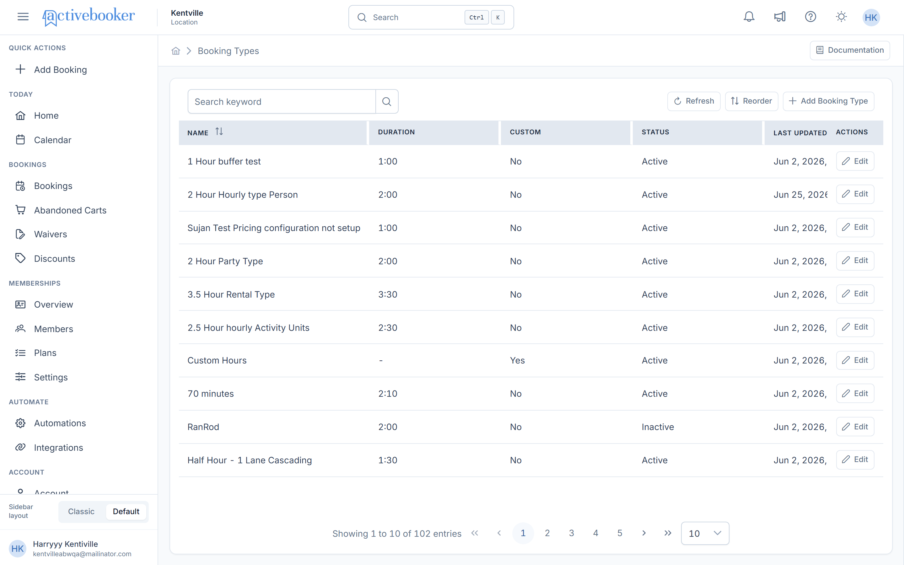 Booking Types list page showing the account-wide table of booking types with search, reorder, and add controls
