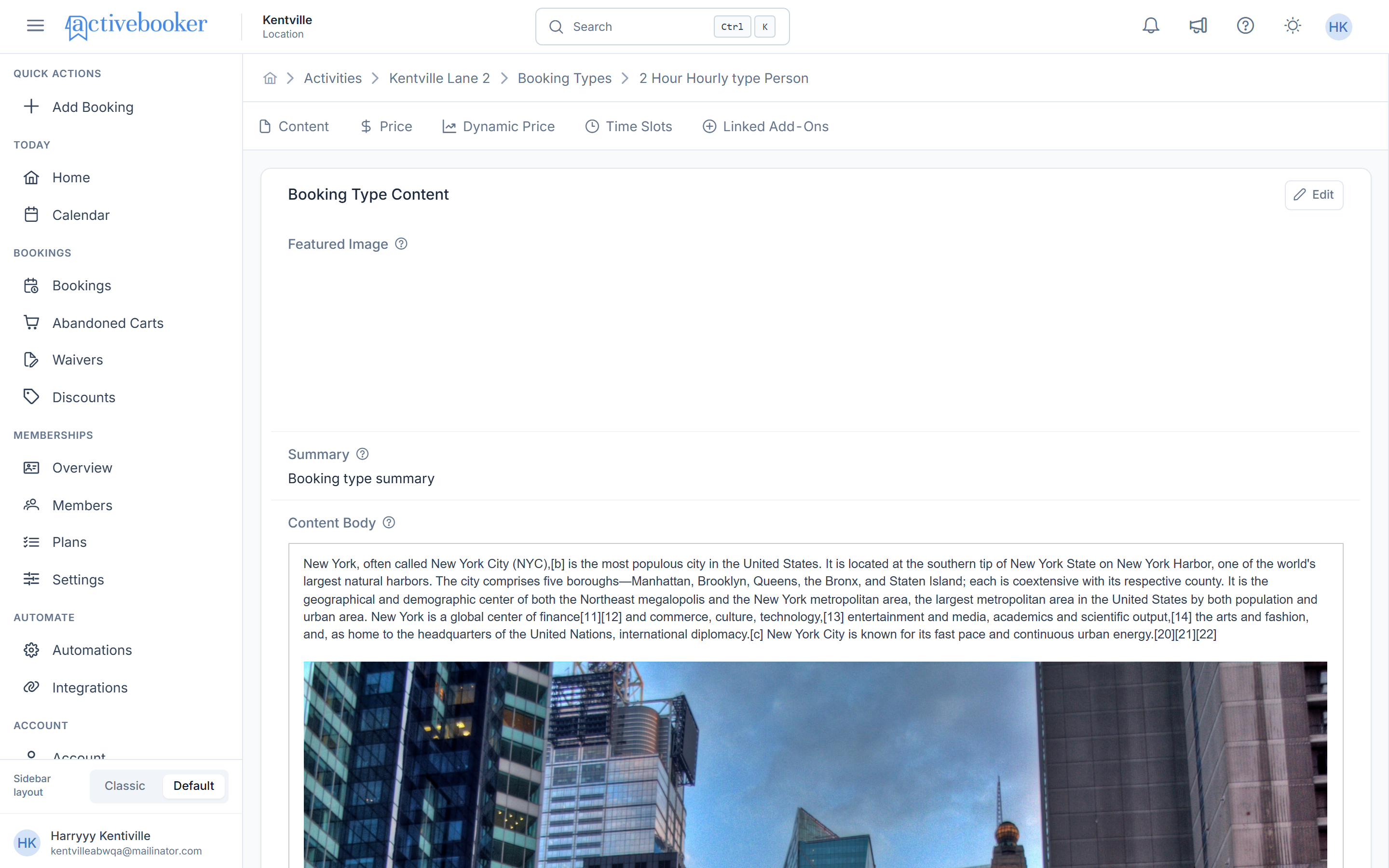 Booking type detail page for a specific activity, showing the Content, Price, Dynamic Price, Time Slots, and Linked Add-Ons tabs