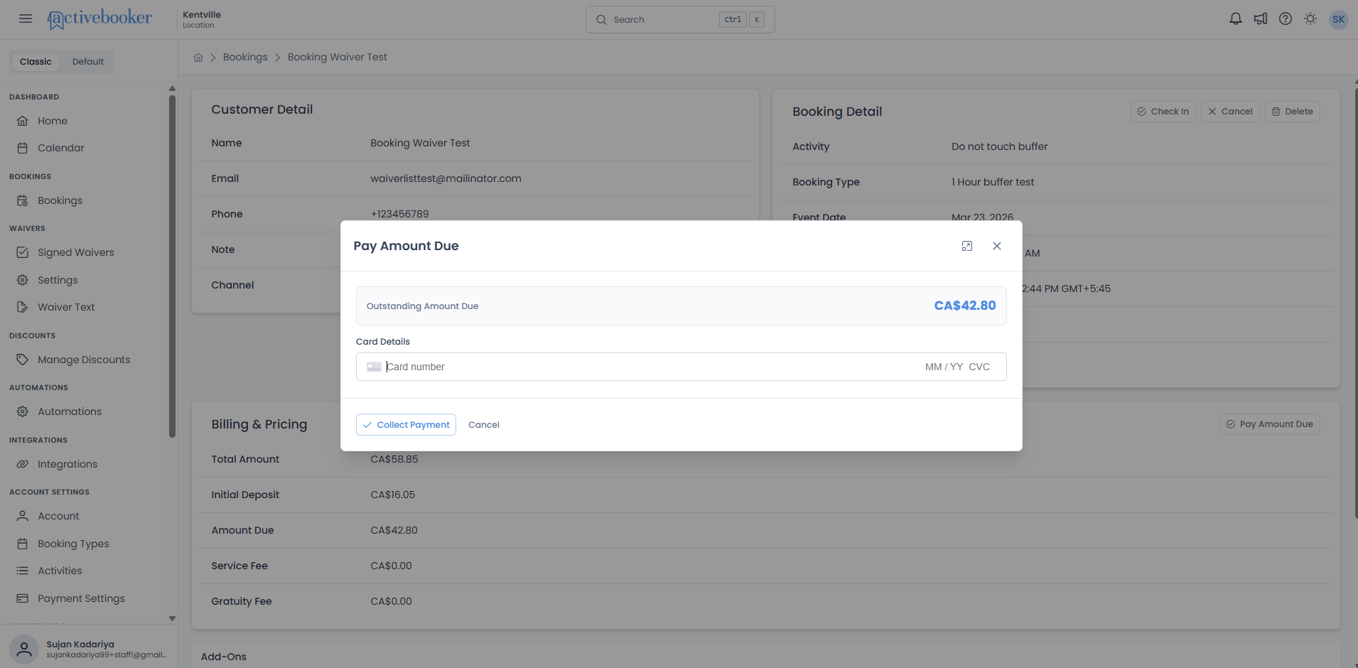 Pay Amount Due modal showing the outstanding amount due, card details input, and Collect Payment button