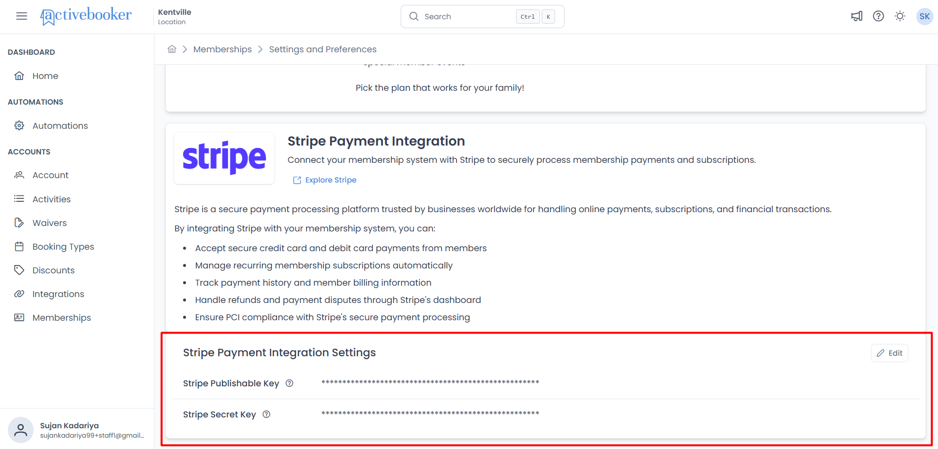 Stripe Payment Integration Settings with masked keys