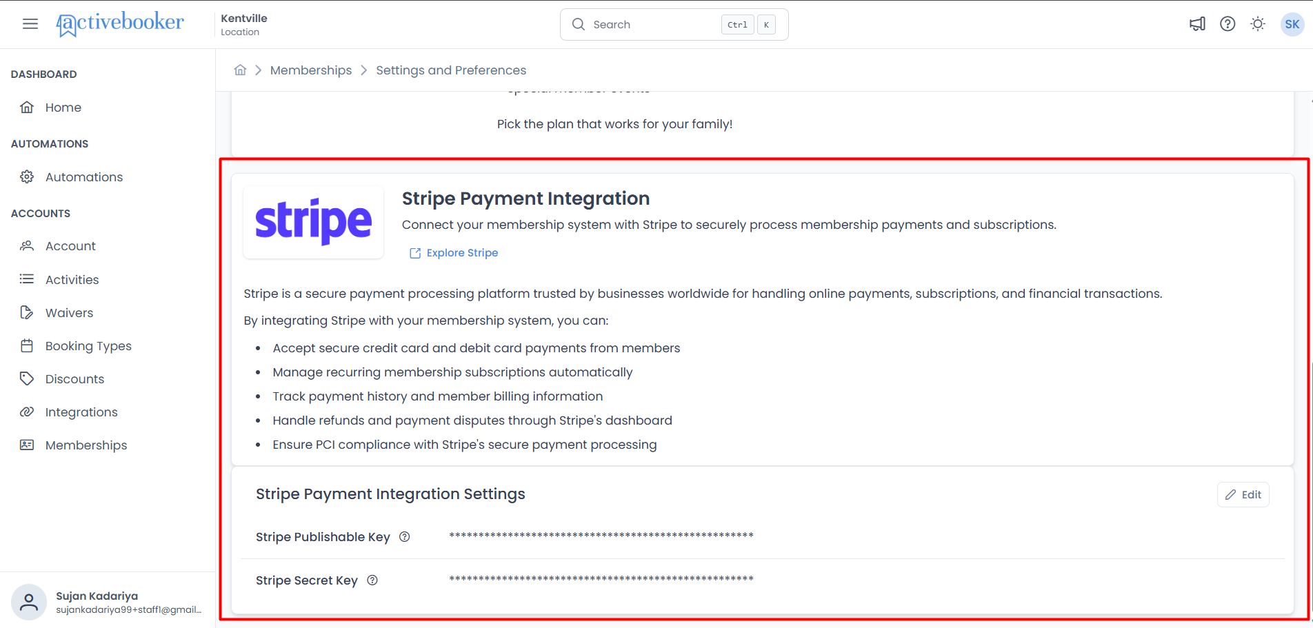 Stripe Payment Integration section on Settings page