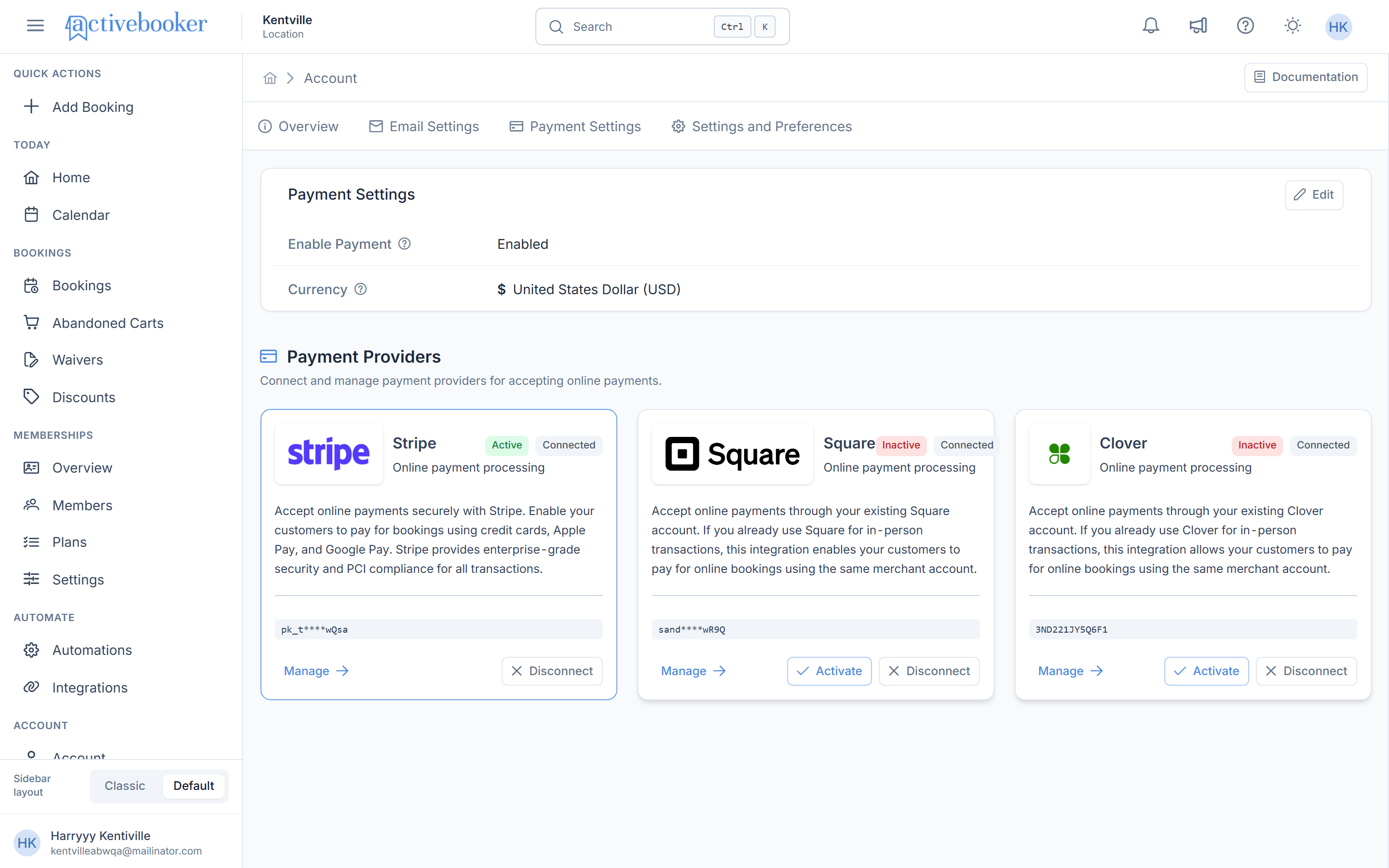Payment Settings Overview showing the Enable Payment and Currency card, and the Payment Providers cards for Stripe, Square, and Clover