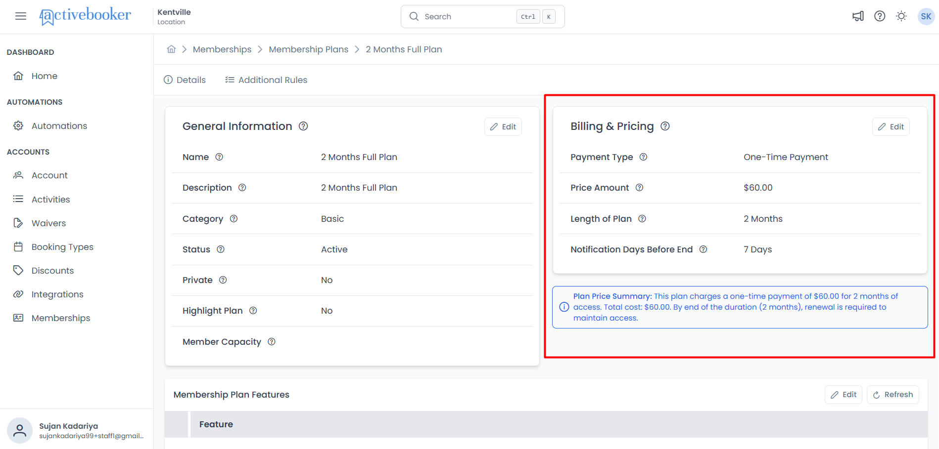 Billing &amp; Pricing section showing payment details and pricing summary