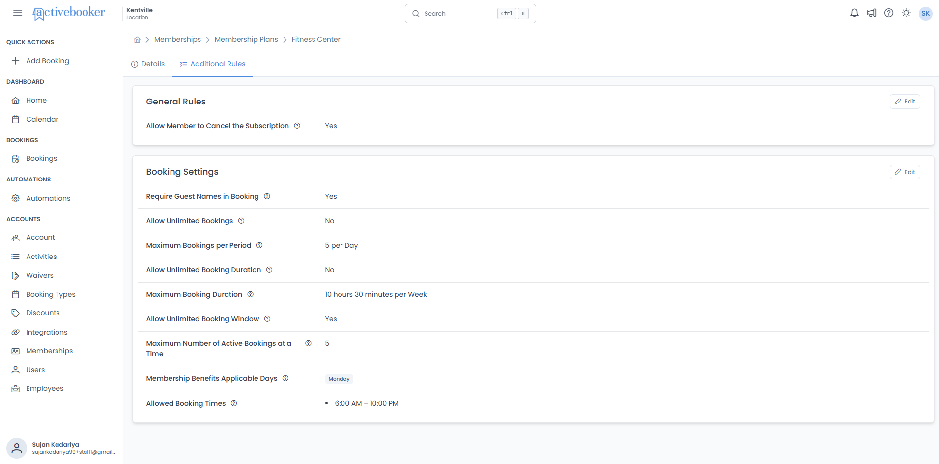 Booking Settings section showing all current rules with Edit button