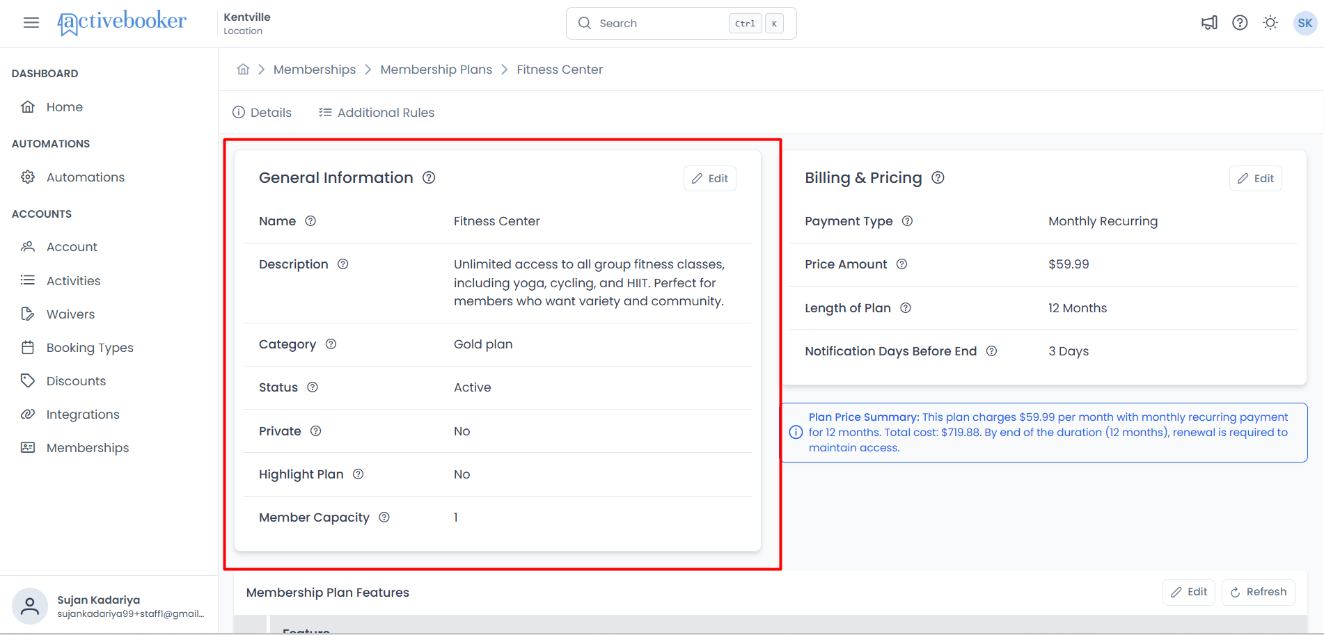 General Information section showing plan details with Edit button