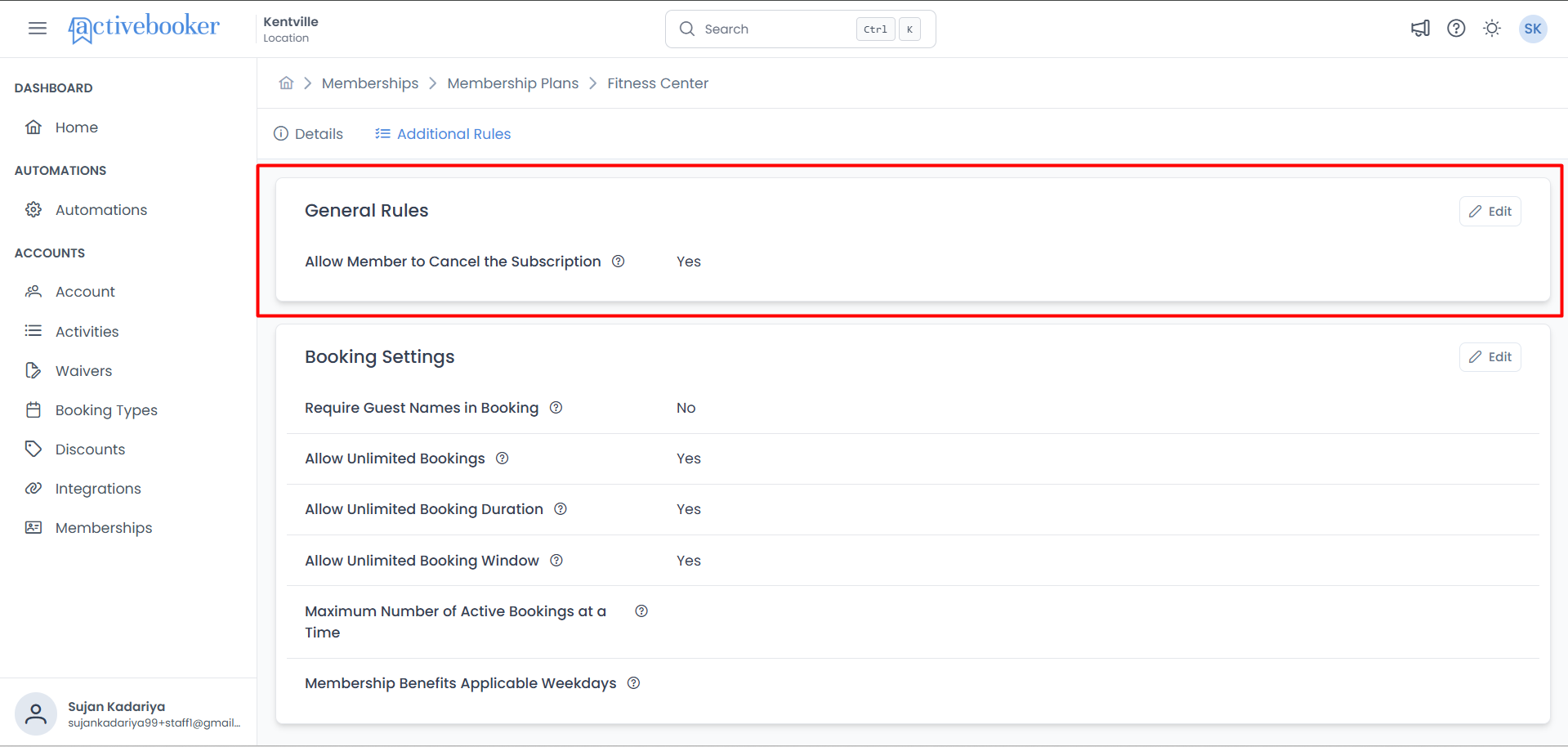 General Rules section showing current rule settings with Edit button