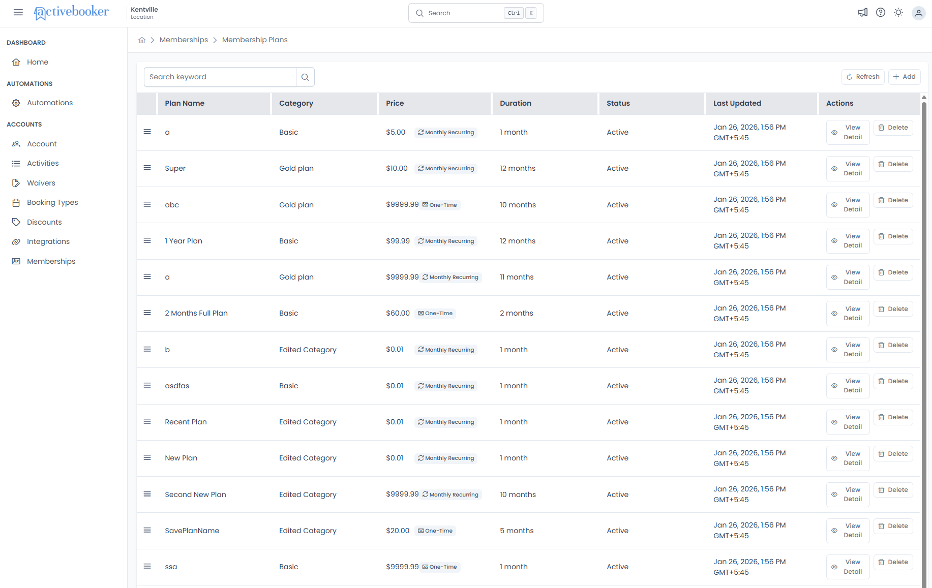 Membership plans list with payment type indicators and actions