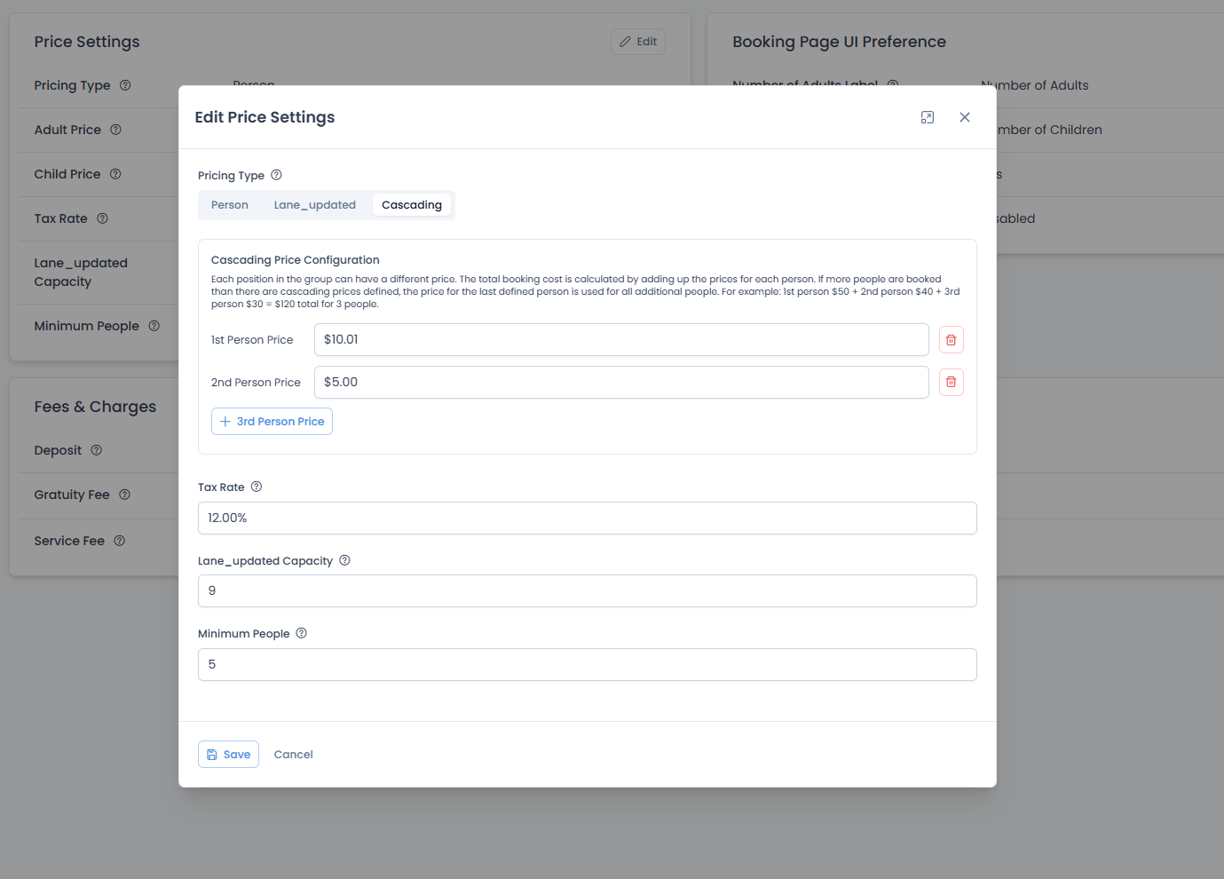 Edit Price Settings modal with Cascading pricing selected