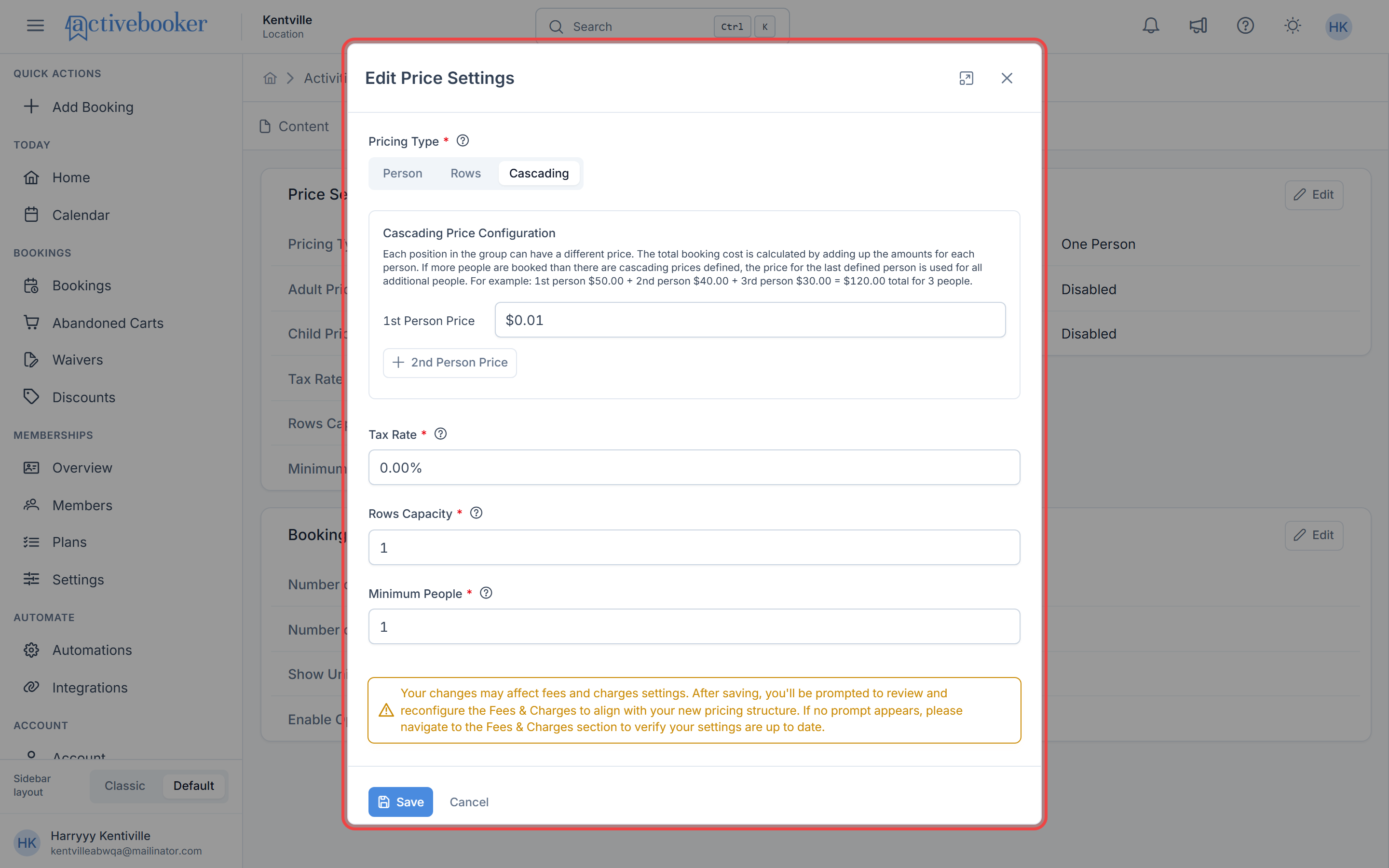 Edit Price Settings modal with Cascading pricing selected