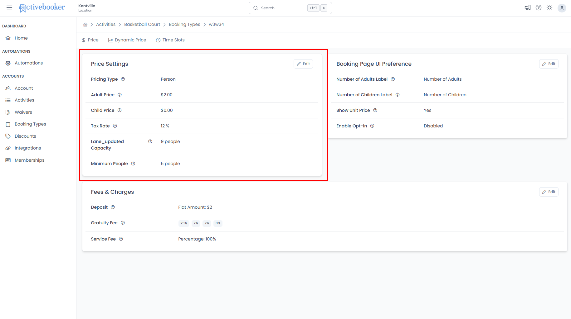 Price Settings section showing pricing type and configuration