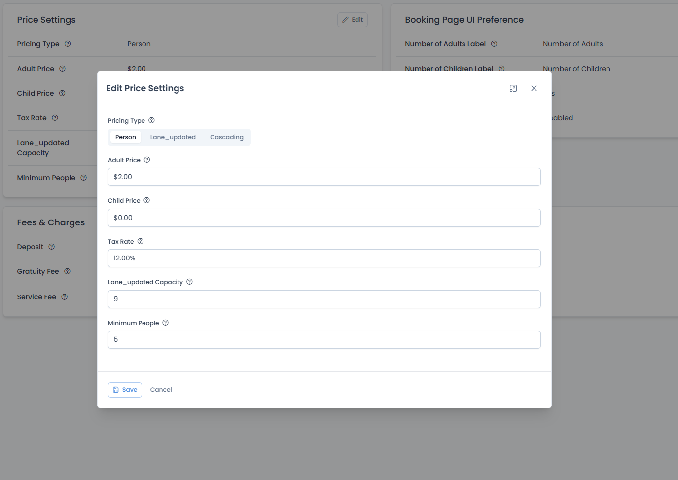 Edit Price Settings modal with Person pricing selected