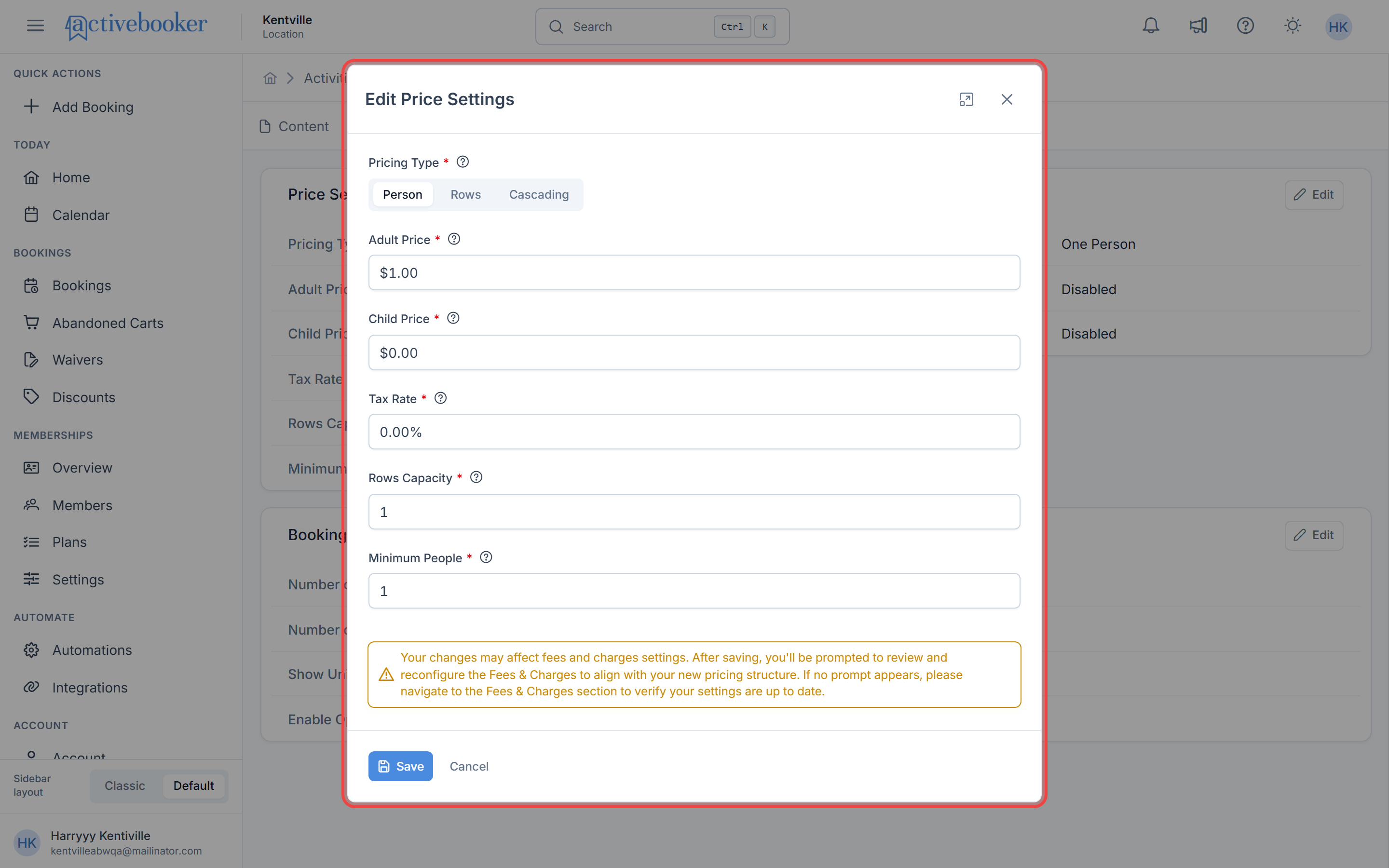 Edit Price Settings modal with Person pricing selected