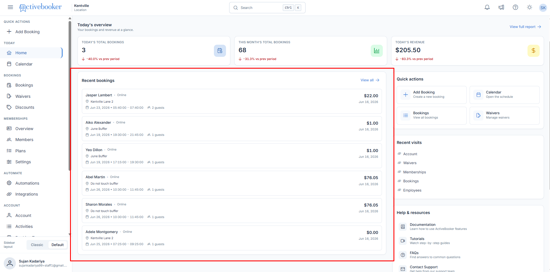 Recent Bookings panel screenshot placeholder