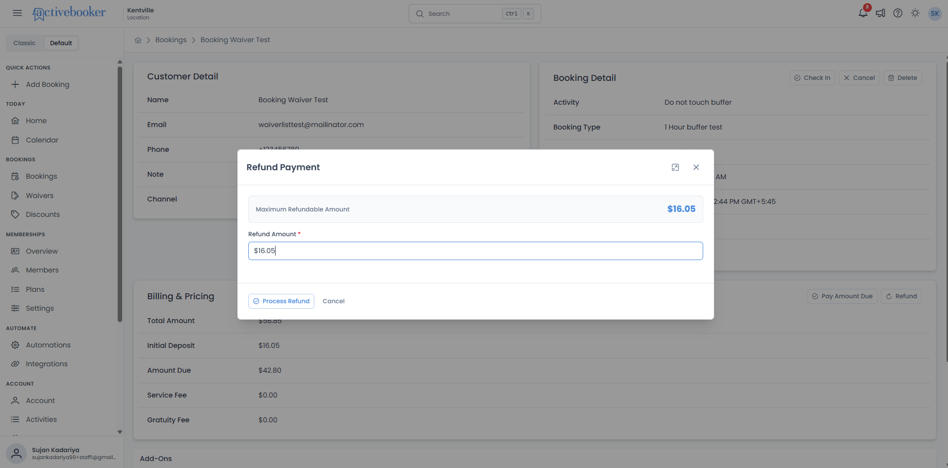 Refund Payment modal showing the maximum refundable amount, refund amount field, and action buttons