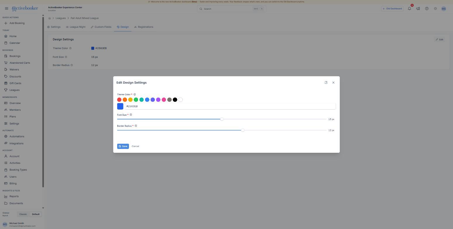 The Edit Design Settings dialog with colour swatches, a hex field, and sliders