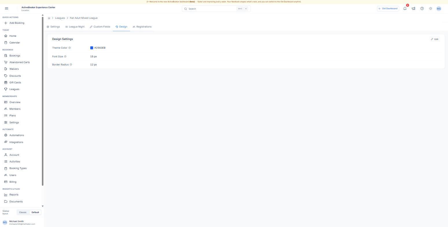 The Design tab showing the theme colour, font size, and border radius