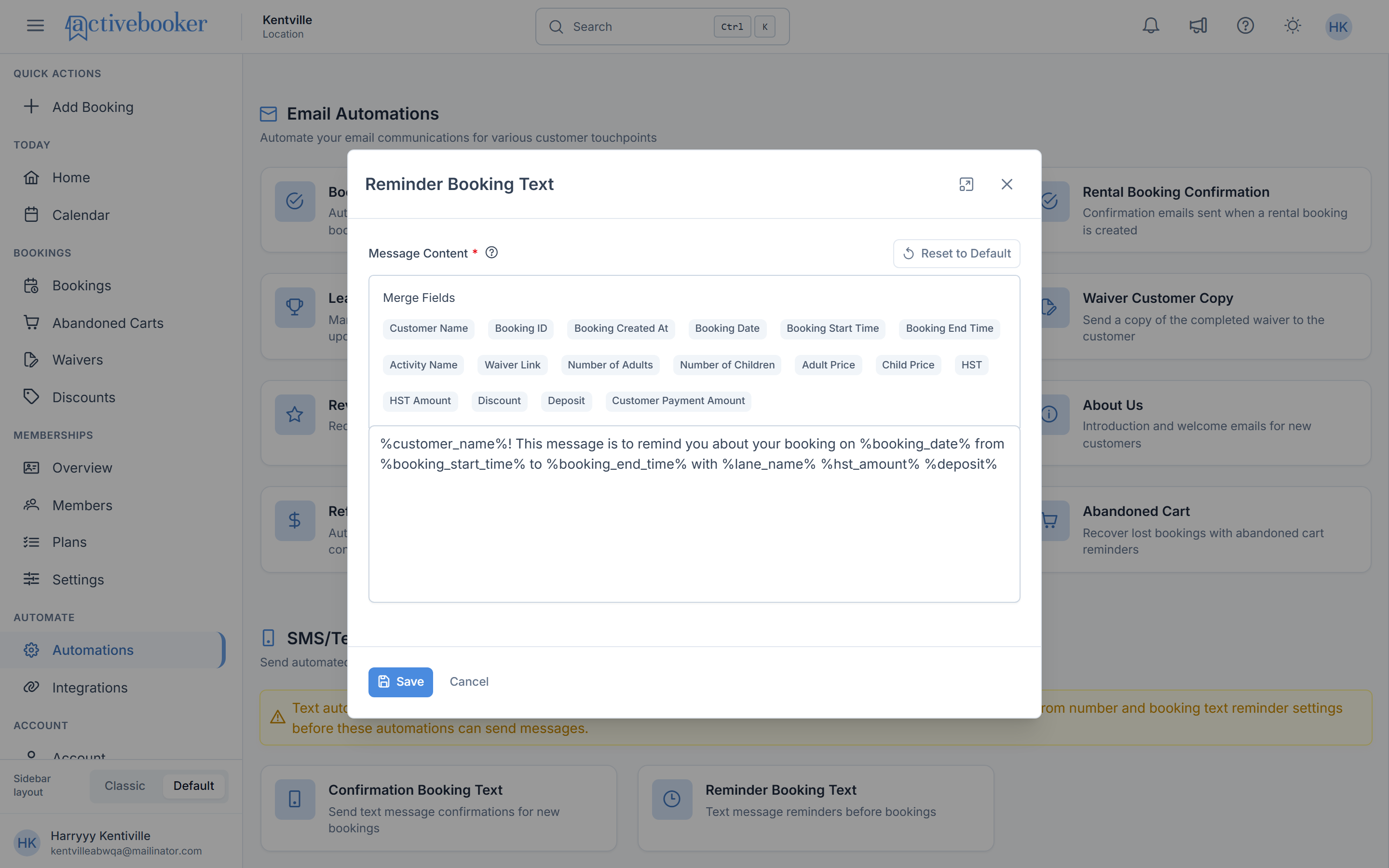 Reminder Booking Text Modal