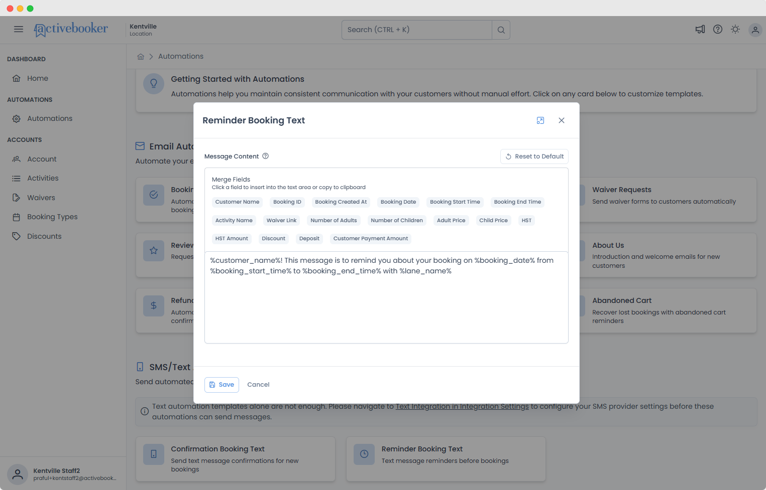 Reminder Booking Text Modal