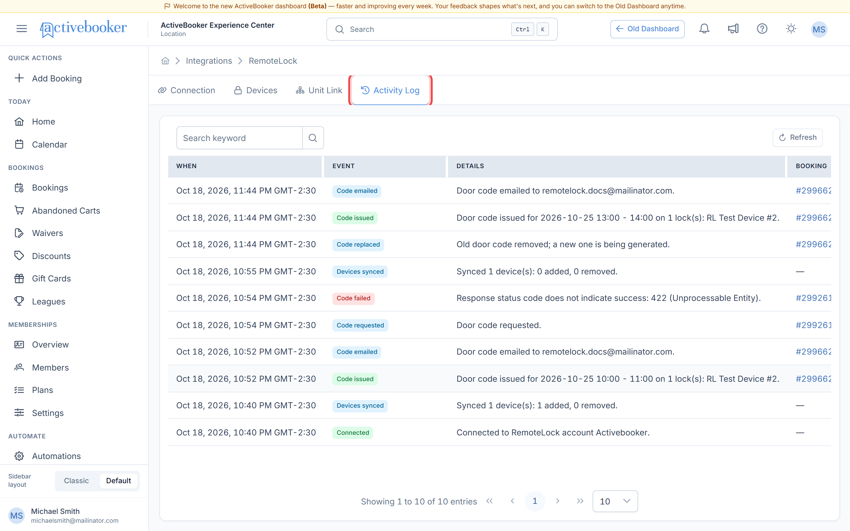 Activity Log tab with door code events