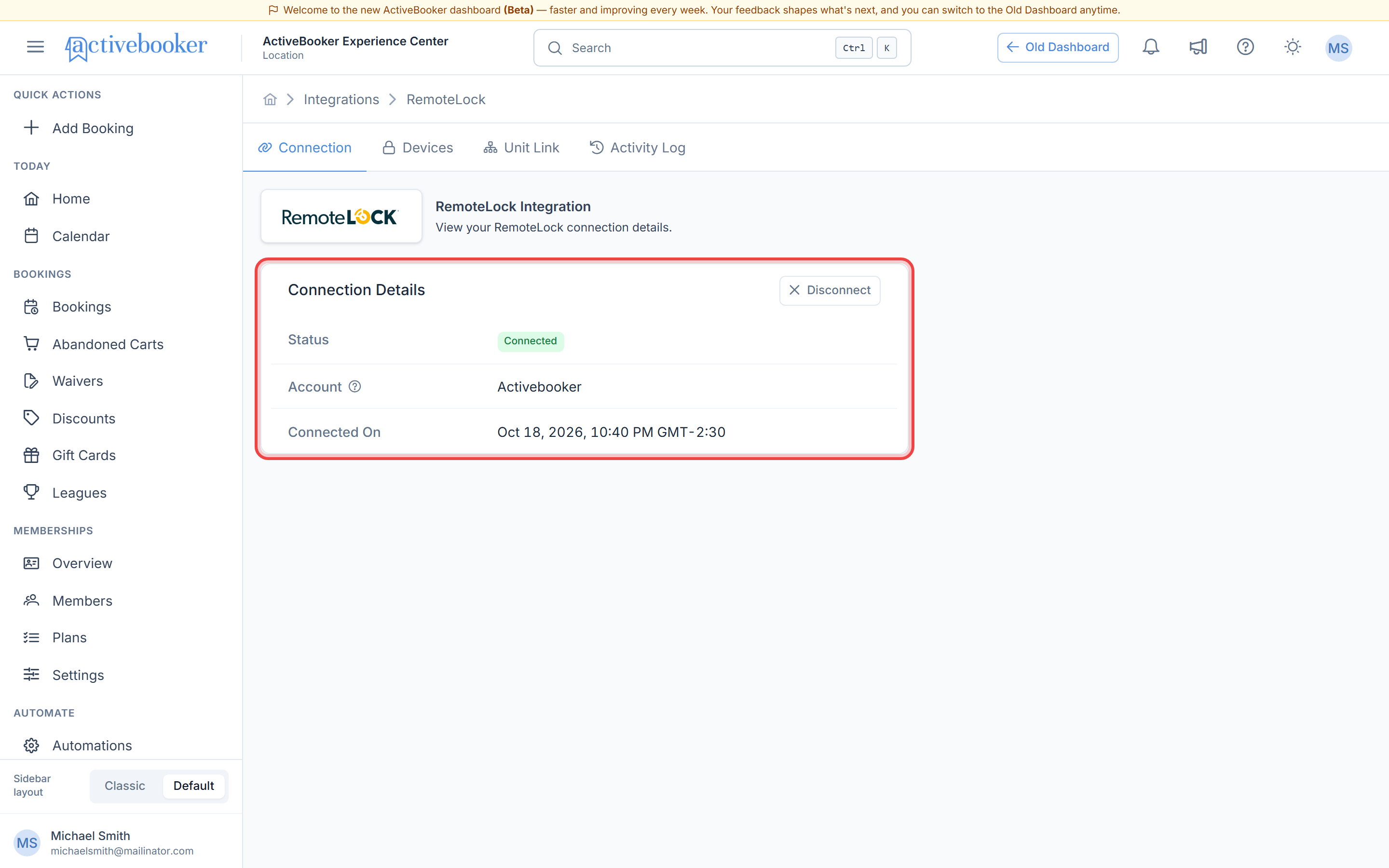 Connection tab showing status, account and connected date